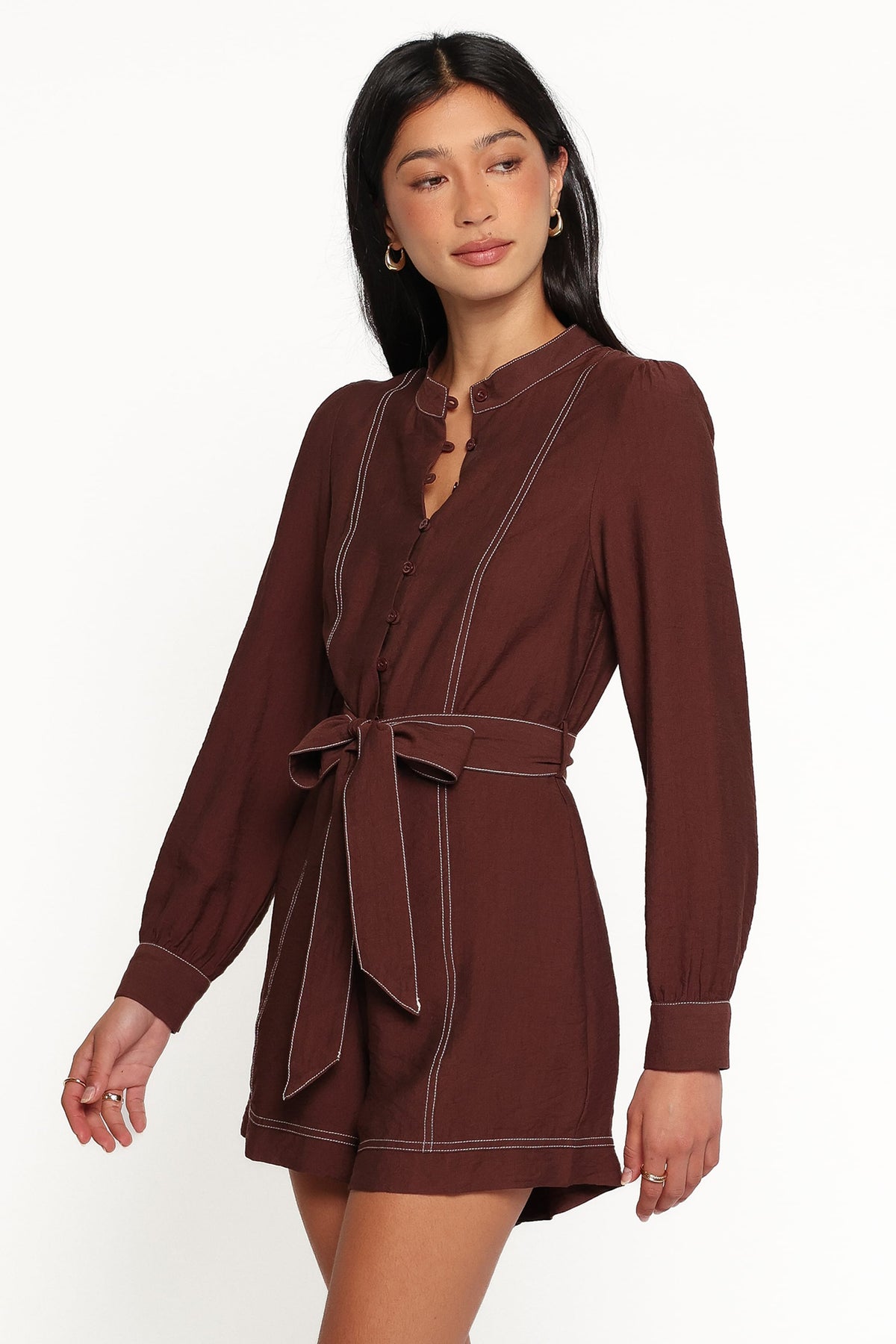 Benni Long Sleeve Romper in Chocolate – view 3 of 7