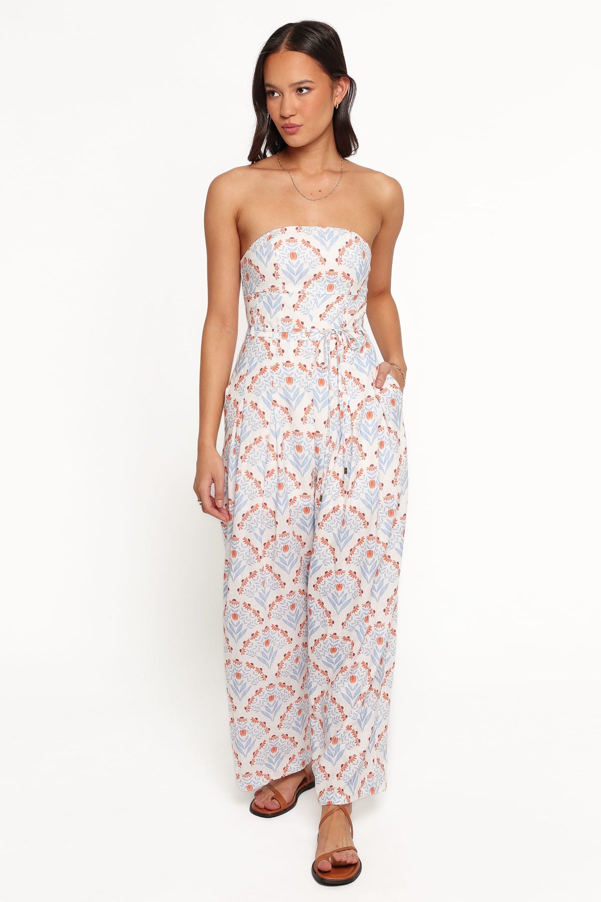 Calliope Tie Waist Jumpsuit in White Blue – view 5 of 8