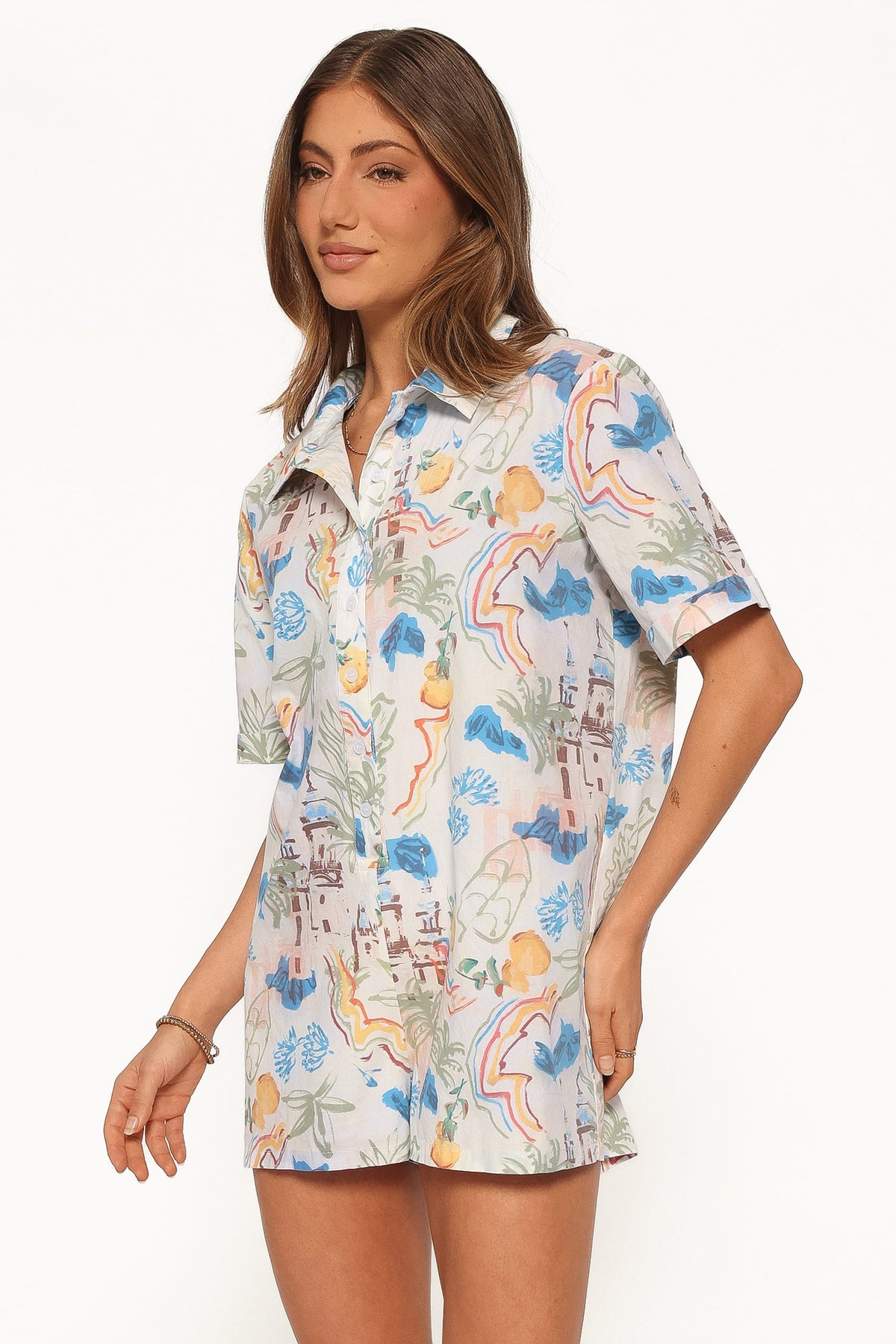 Calypso Button Front Romper in White Multi – view 3 of 6