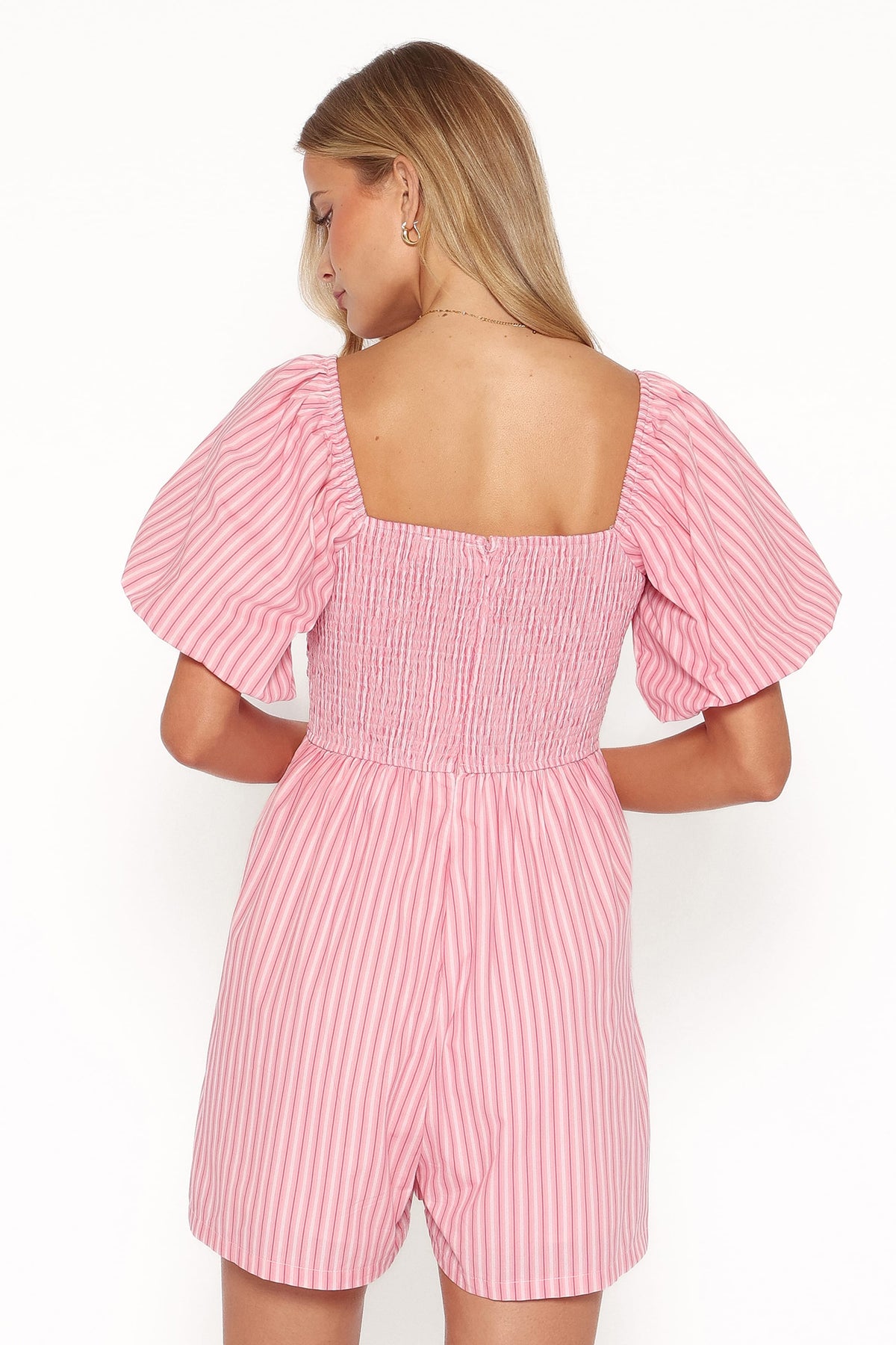 Clo Puff Sleeve Romper in Pink Stripe – view 5 of 8