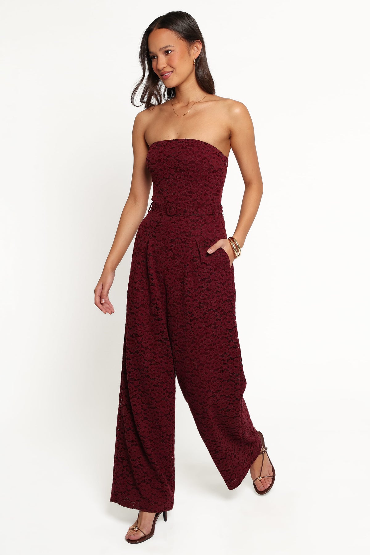 Harlie Strapless Lace Jumpsuit in Burgundy – view 2 of 7