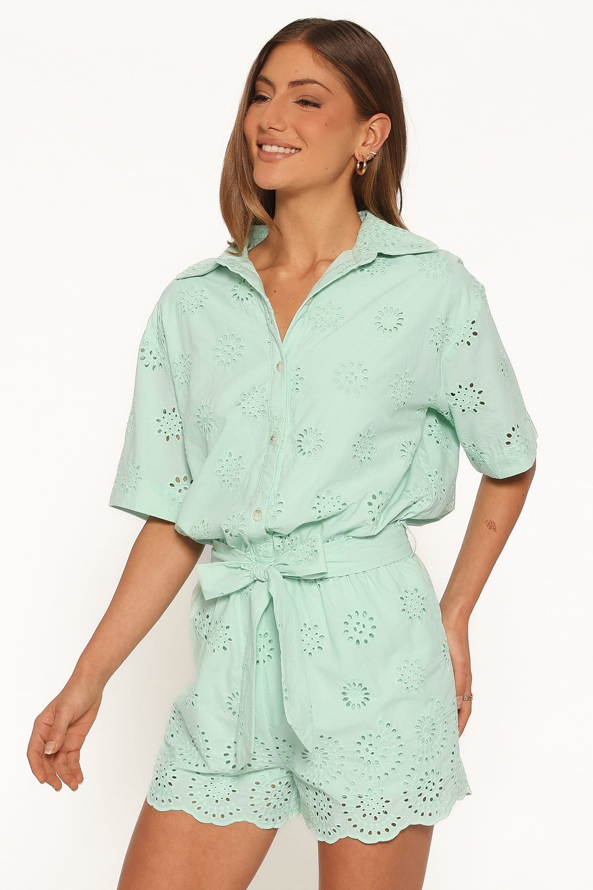 Jamie Tie Front Romper in Mint Broderie – view 3 of 6