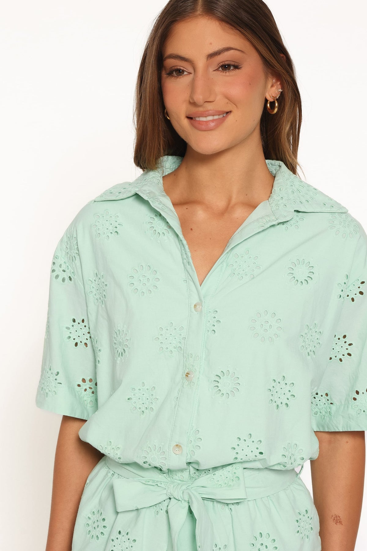 Jamie Tie Front Romper in Mint Broderie – view 5 of 6