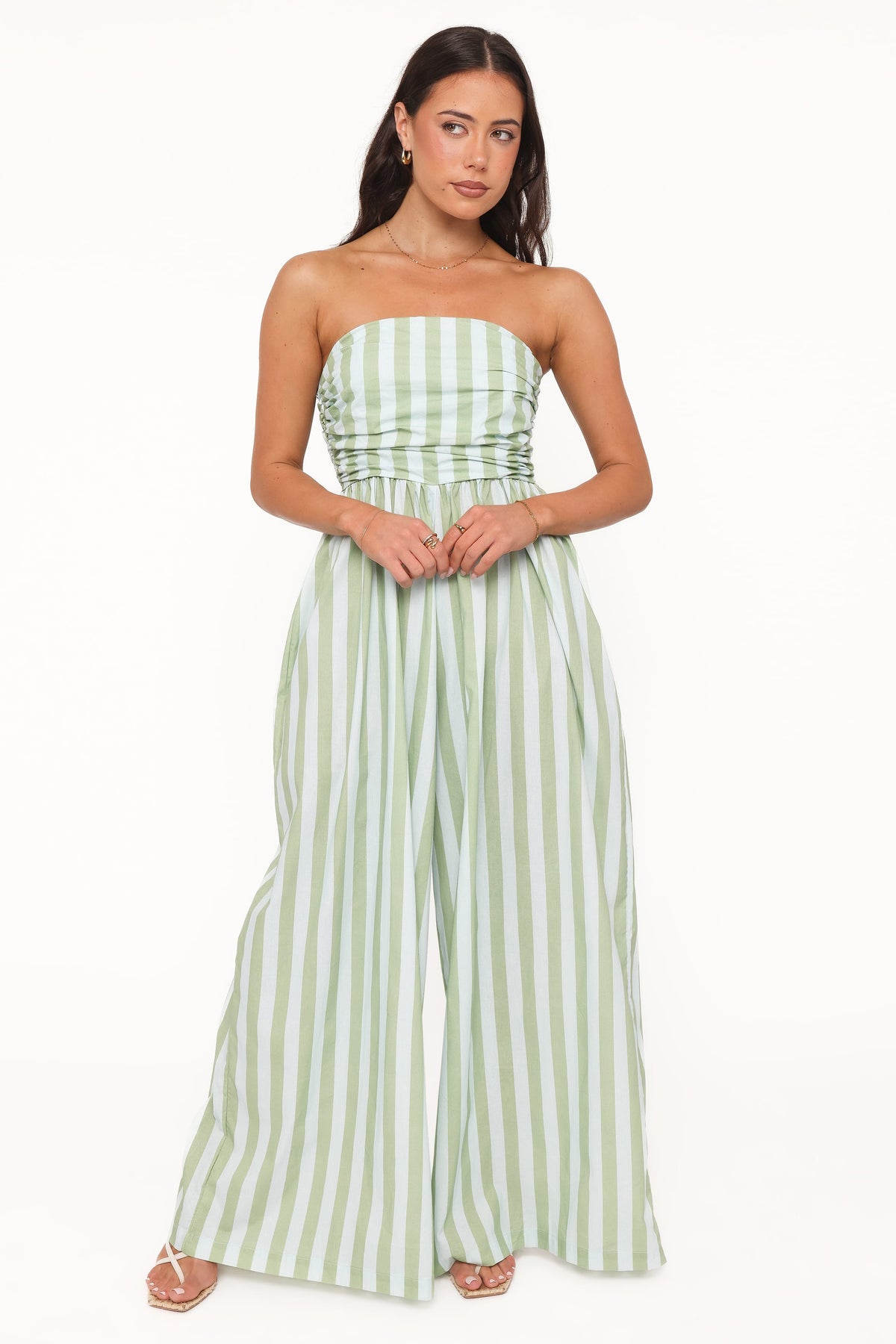 Paige Strapless Jumpsuit in Blue/Green Stripe – view 2 of 7