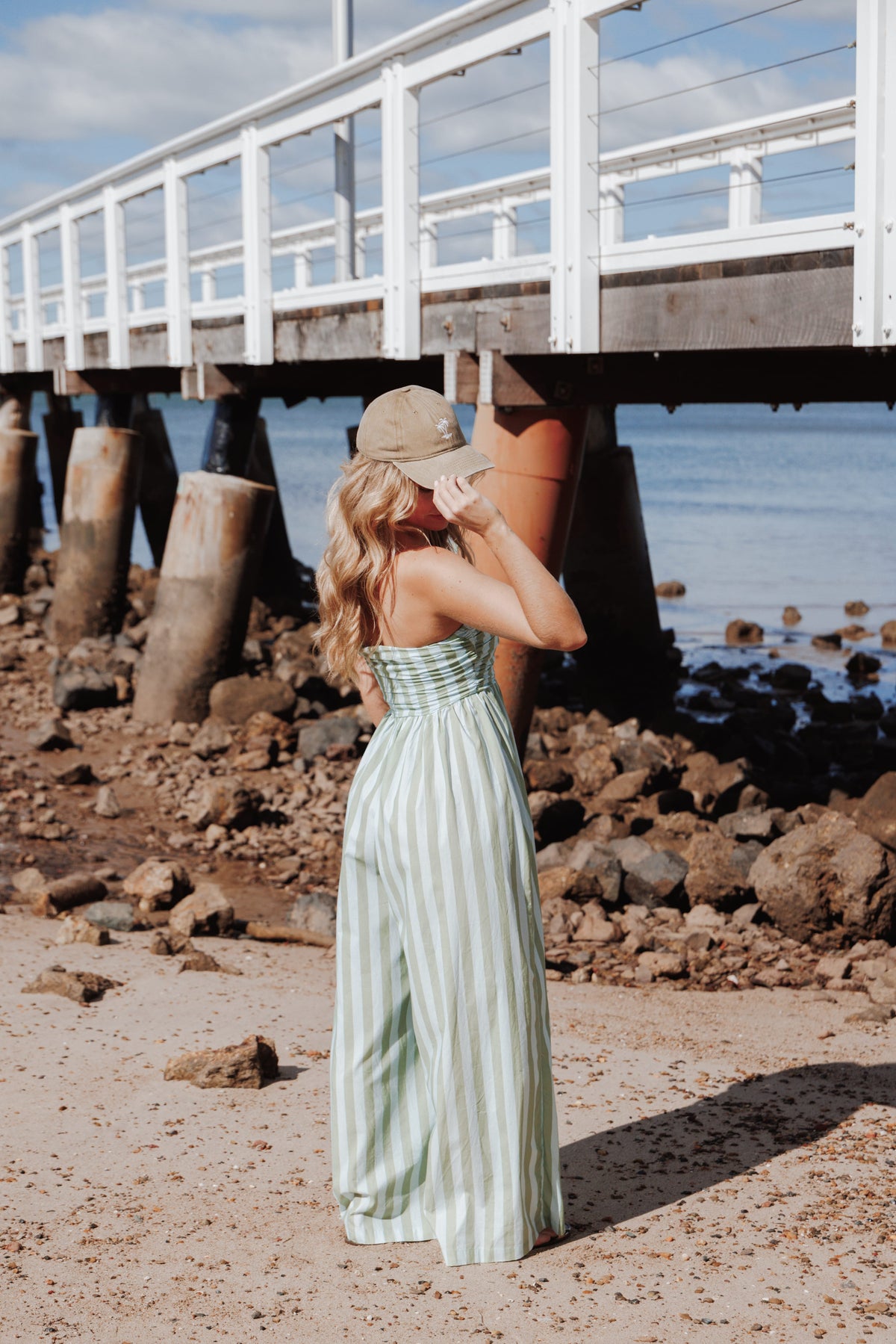 Paige Strapless Jumpsuit in Blue/Green Stripe – view 7 of 7