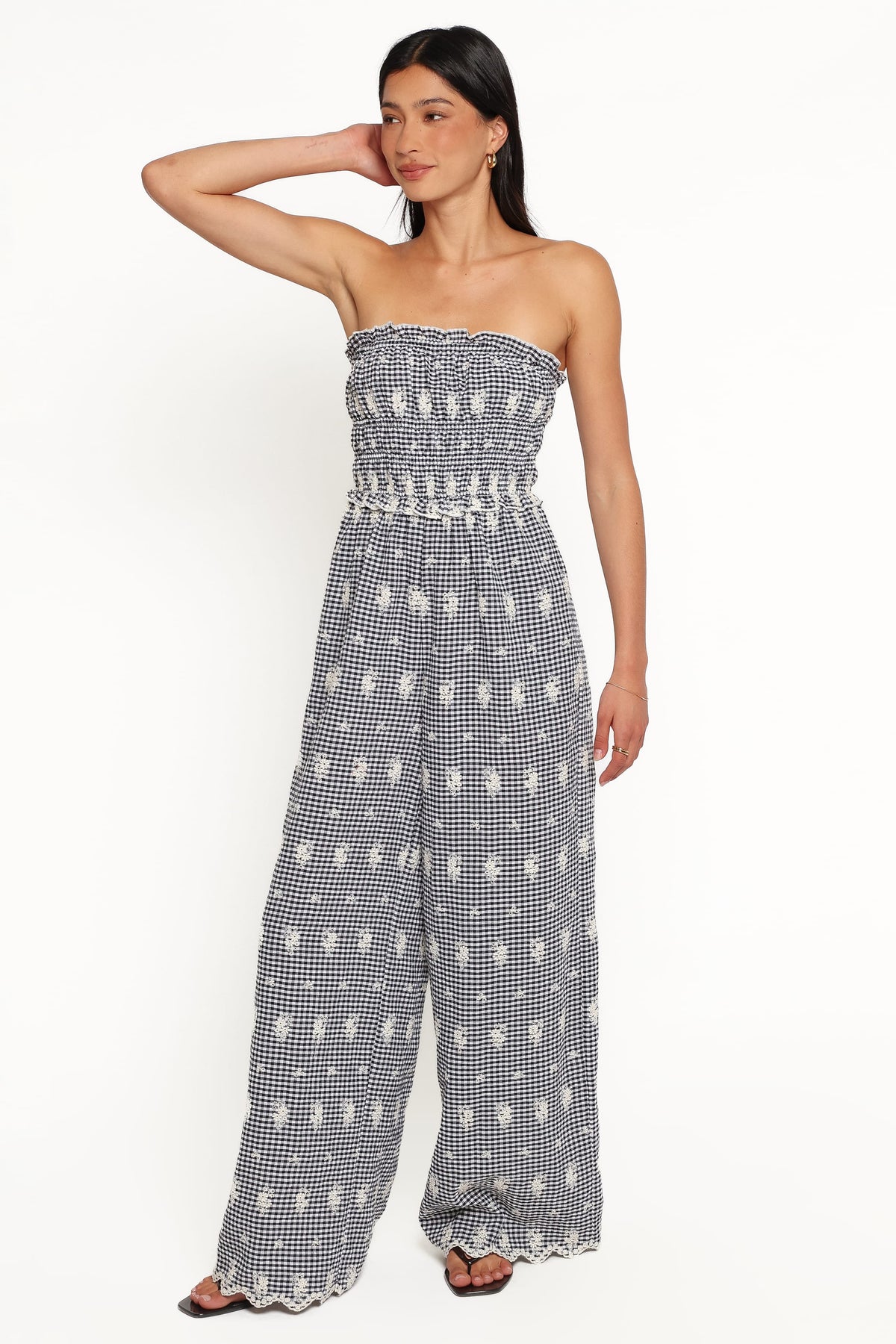 Yulissa Strapless Jumpsuit in Black Gingham Broderie – view 2 of 7