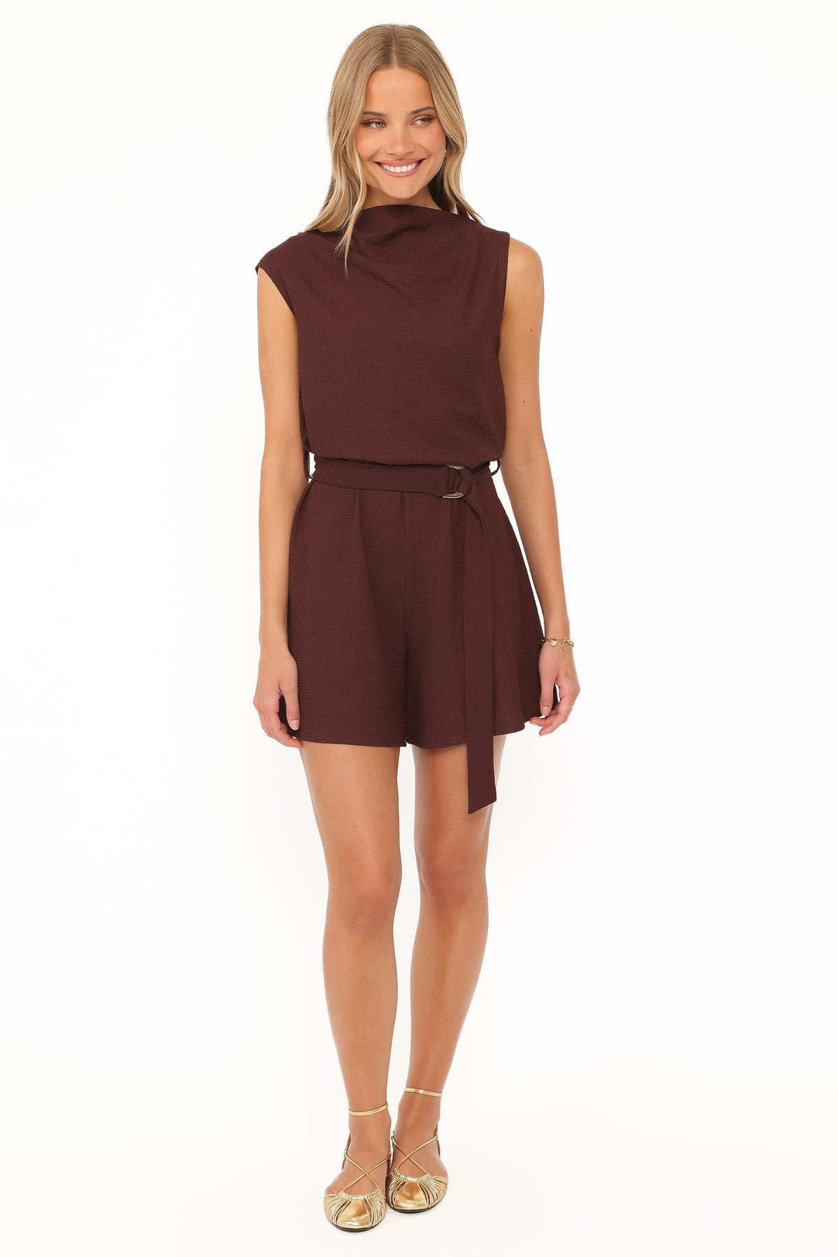 Zaia Belted Knit Romper in Chocolate Brown – view 2 of 6