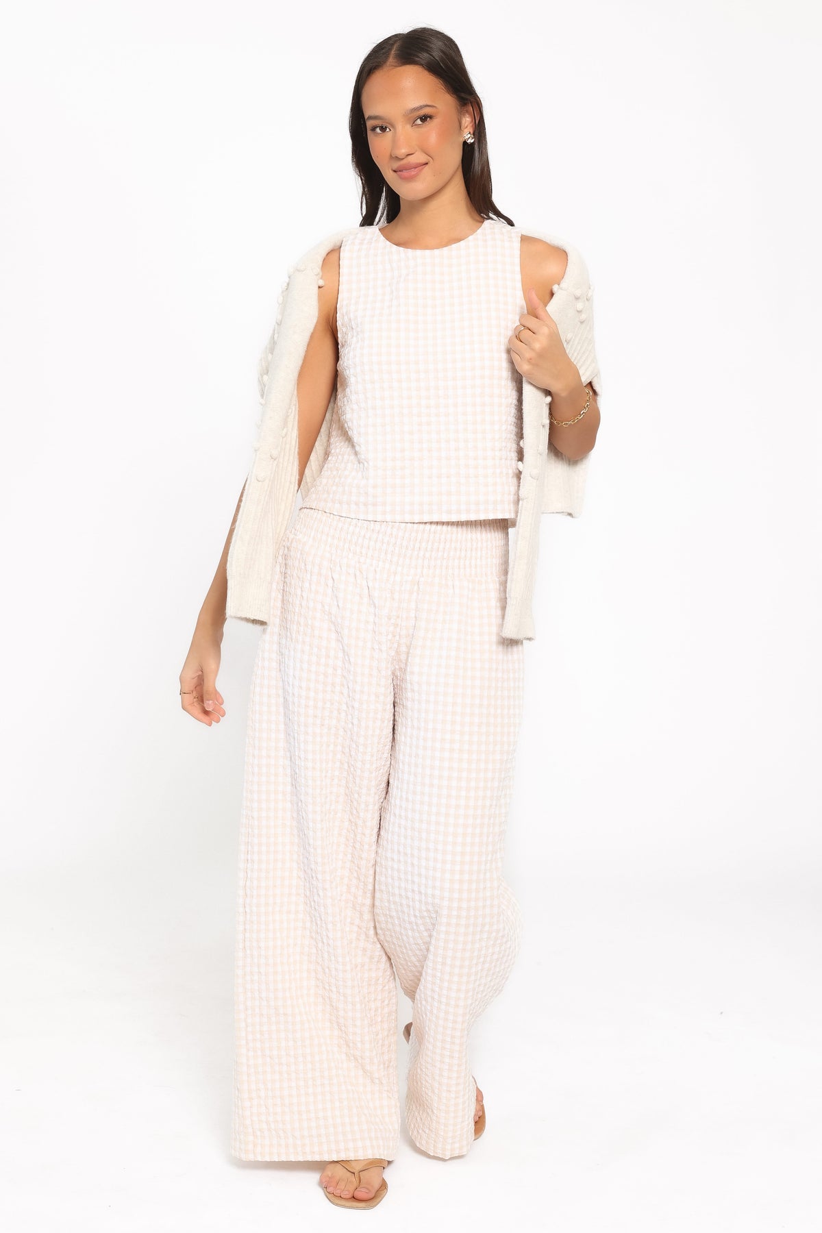 Jillian Smocked Pant Set in Beige Gingham – view 1 of 7