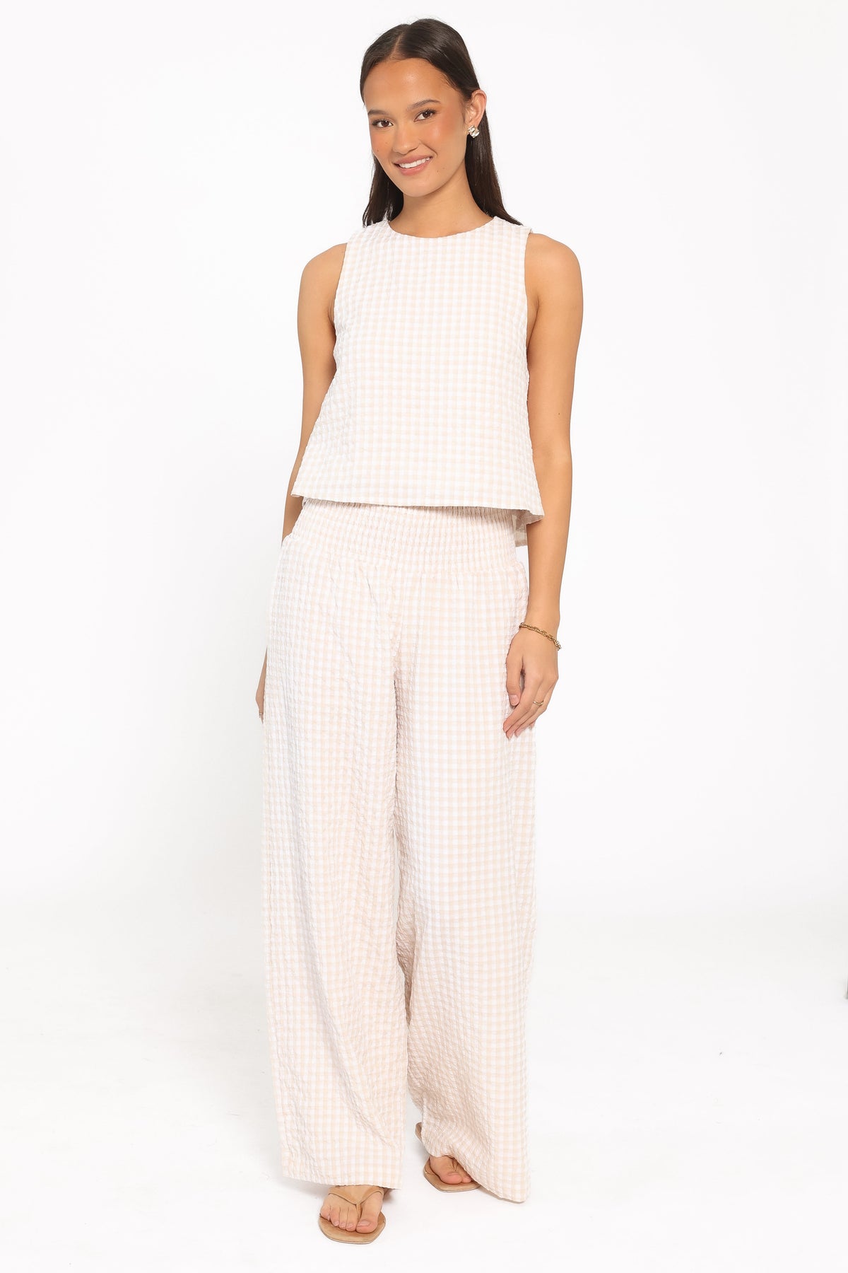Jillian Smocked Pant Set in Beige Gingham – view 5 of 7
