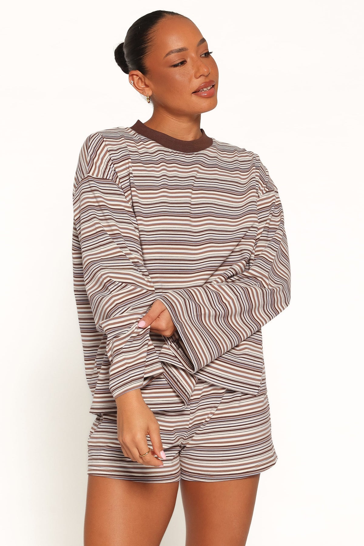 Silvia Knit Short Set in Chocolate Brown Stripe – view 2 of 8