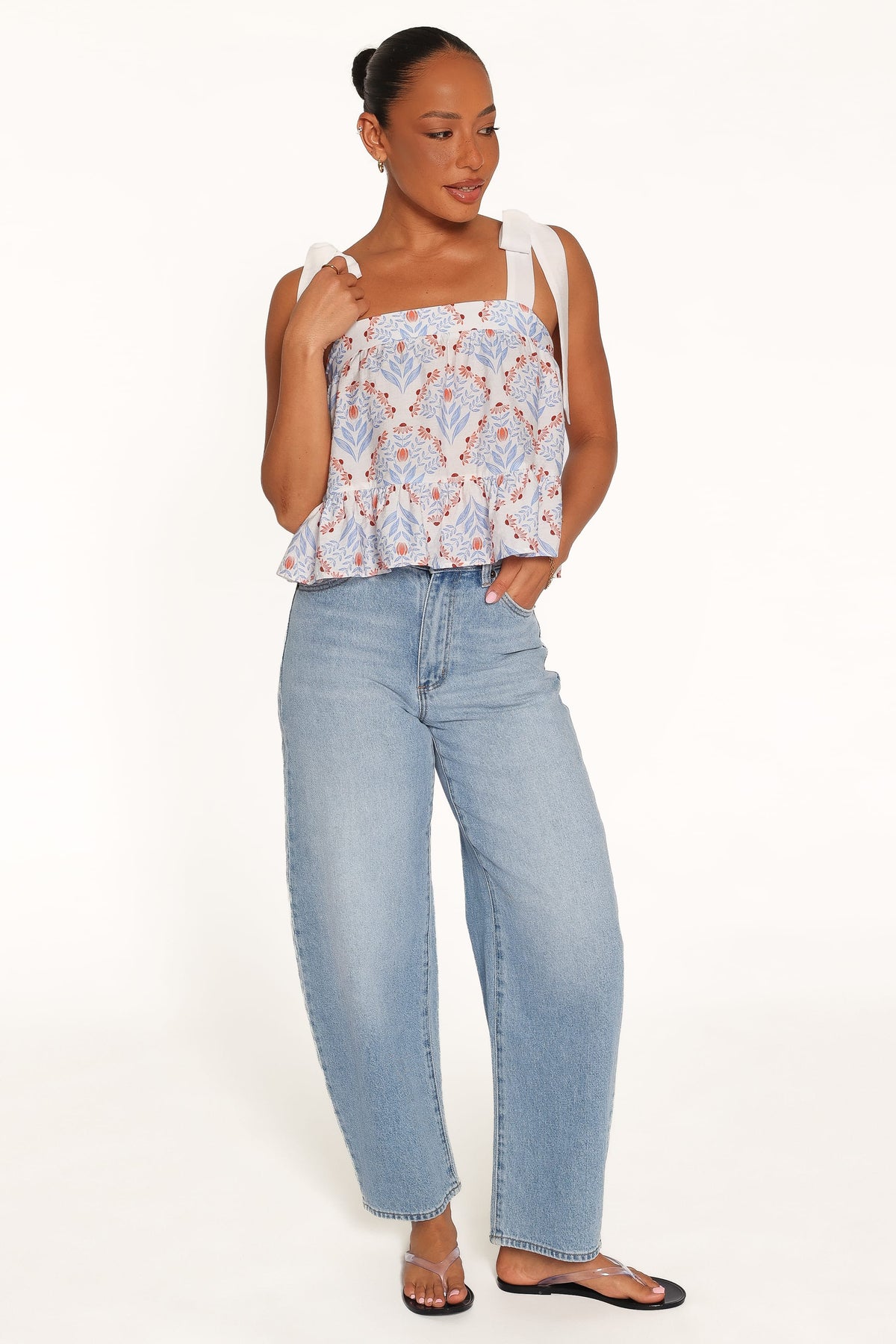 Aver Flounce Top in White Blue – view 6 of 7