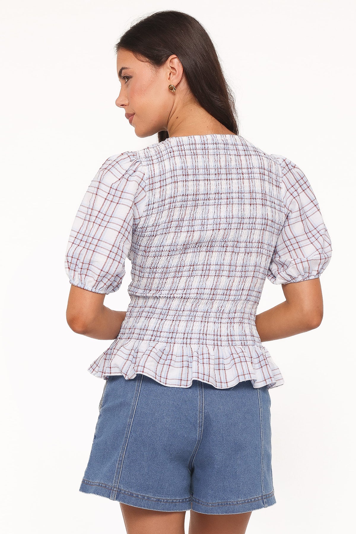 Callista Shirred Waist Top in Light Blue Plaid – view 4 of 7