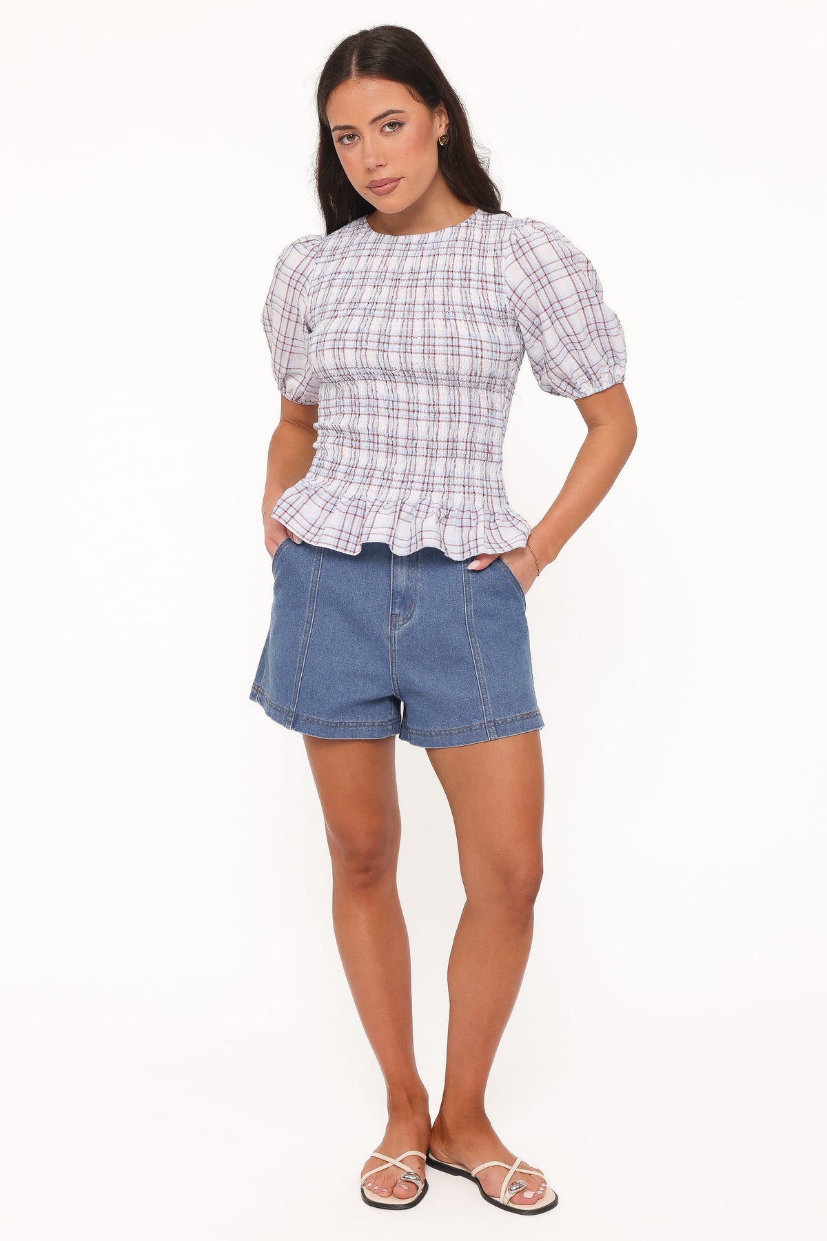 Callista Shirred Waist Top in Light Blue Plaid – view 5 of 7