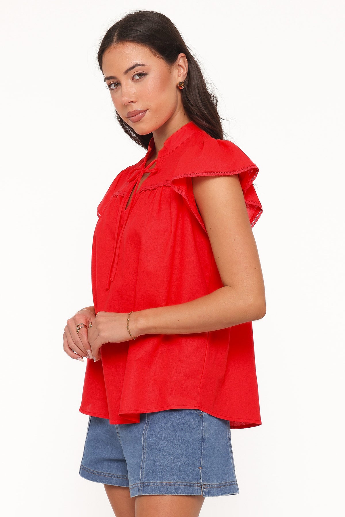 Kylie Flutter Sleeve Top in Red – view 4 of 8