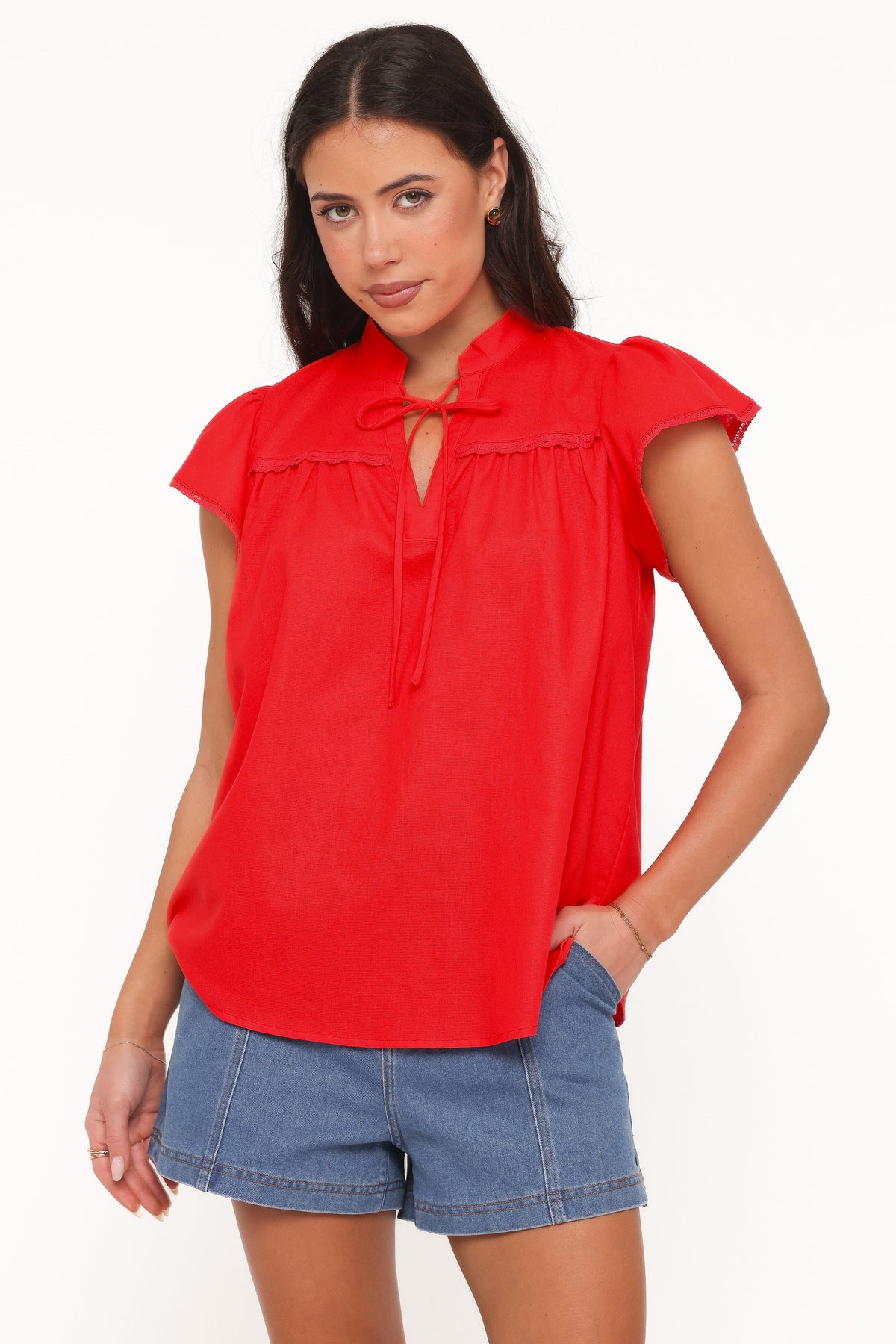 Kylie Flutter Sleeve Top in Red – view 2 of 8