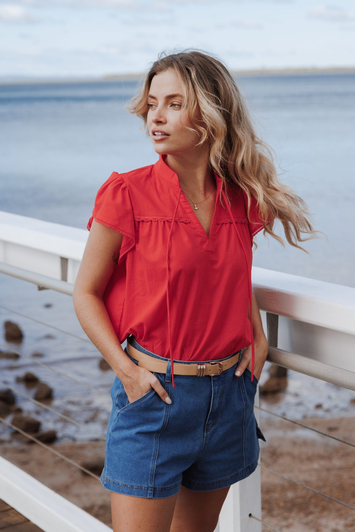 Kylie Flutter Sleeve Top in Red – view 8 of 8