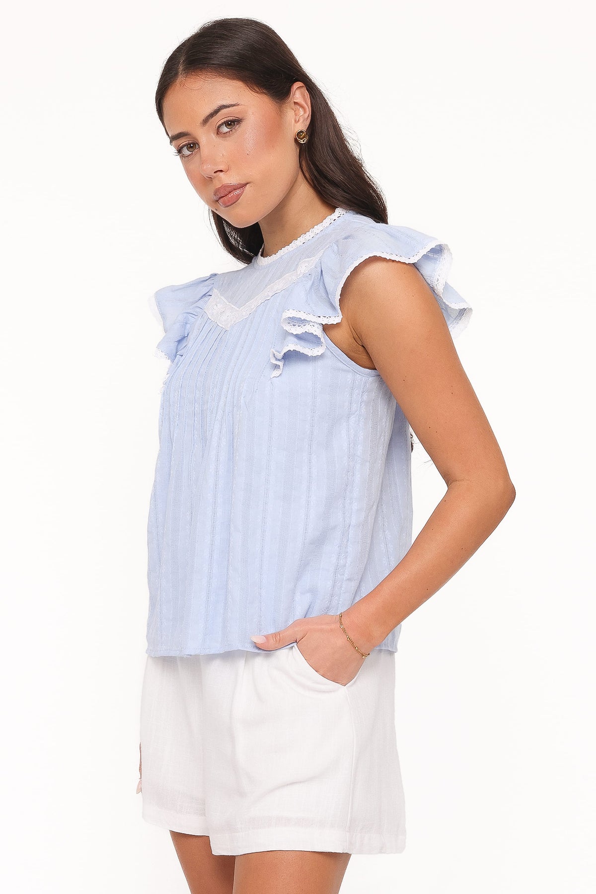 Laoise Lace Inset Ruffle Top in Light Blue – view 4 of 8