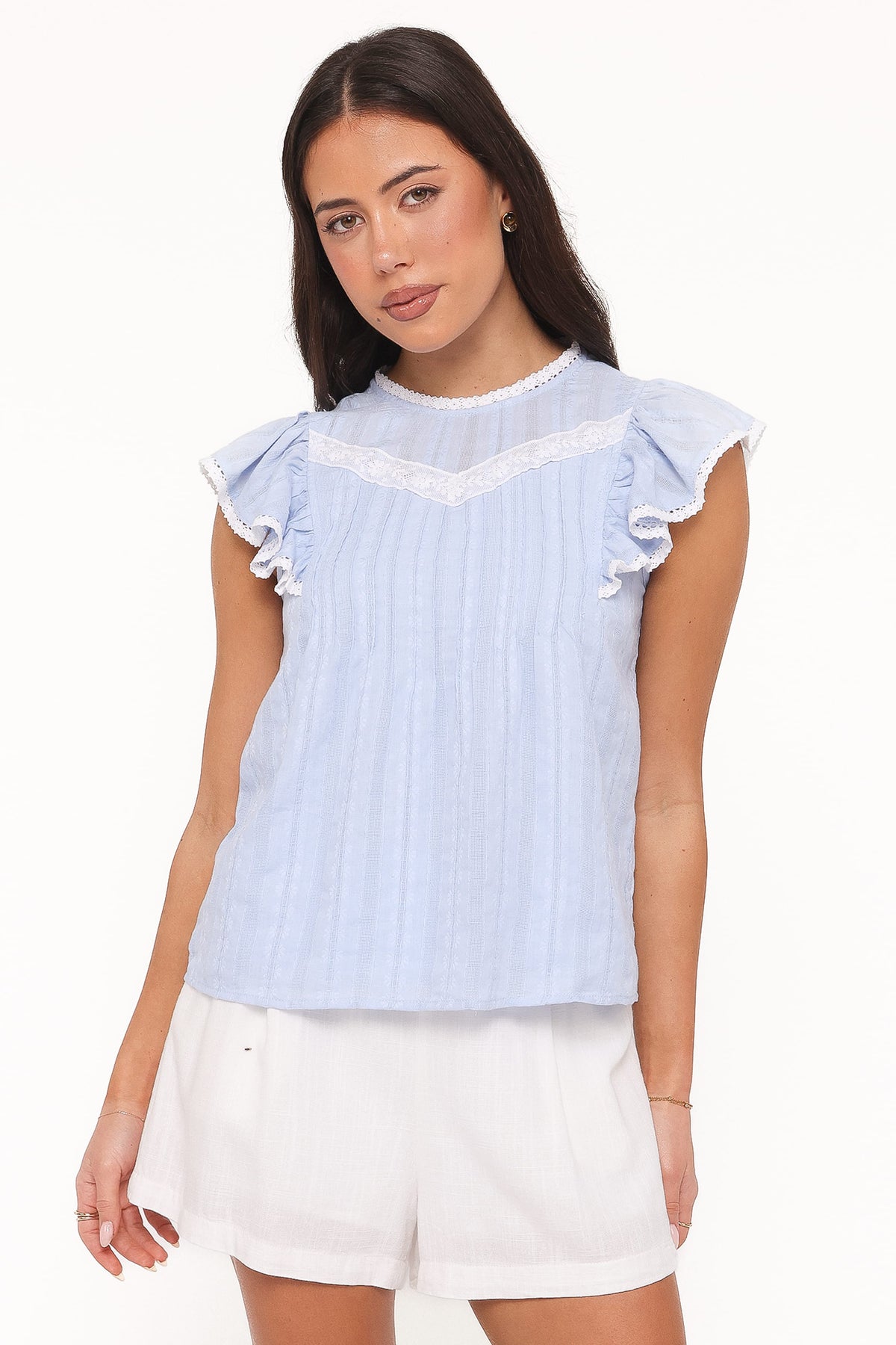 Laoise Lace Inset Ruffle Top in Light Blue – view 2 of 8