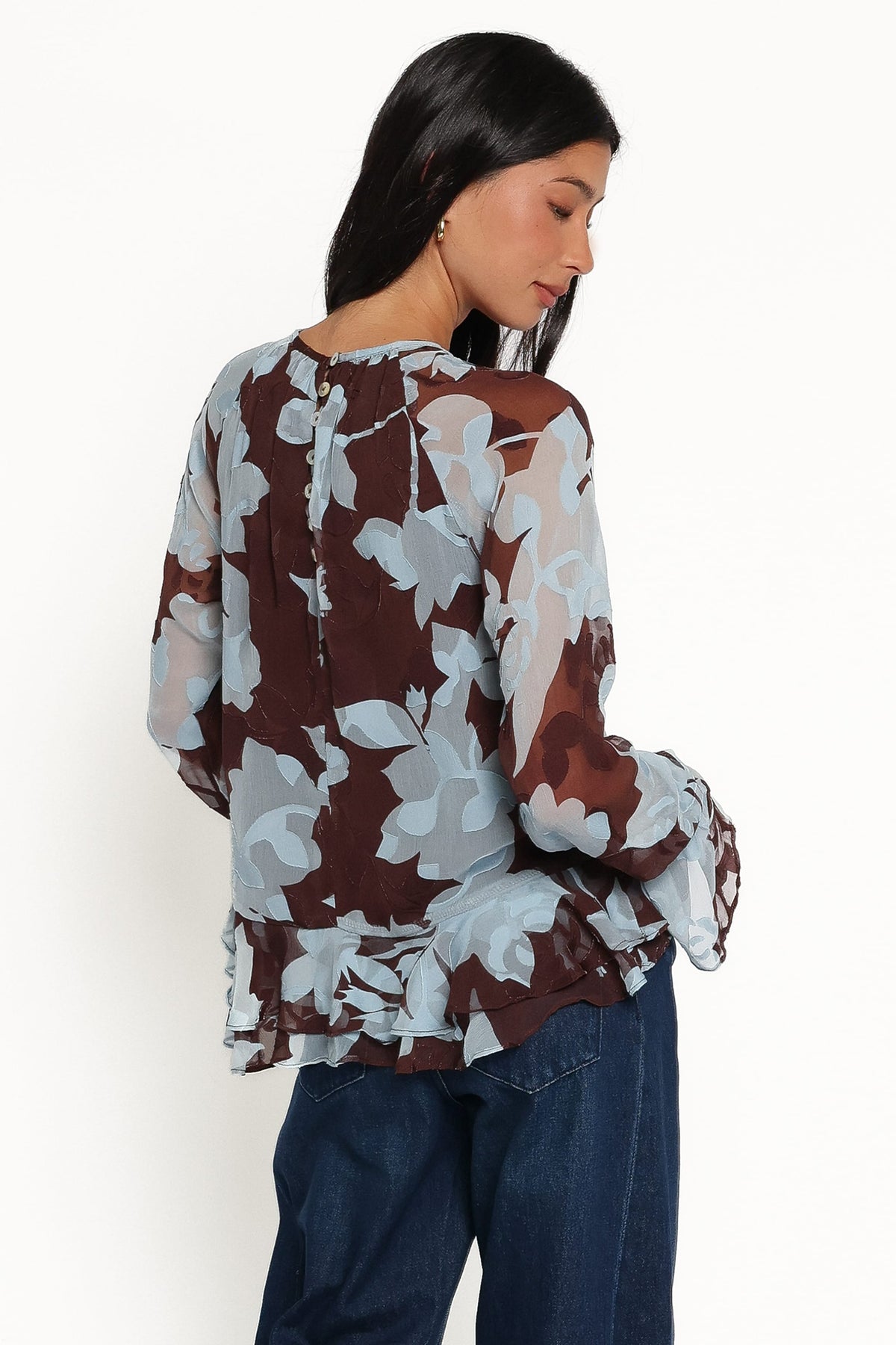 Larson Ruffle Hem Top in Blue Floral Burnout – view 4 of 6