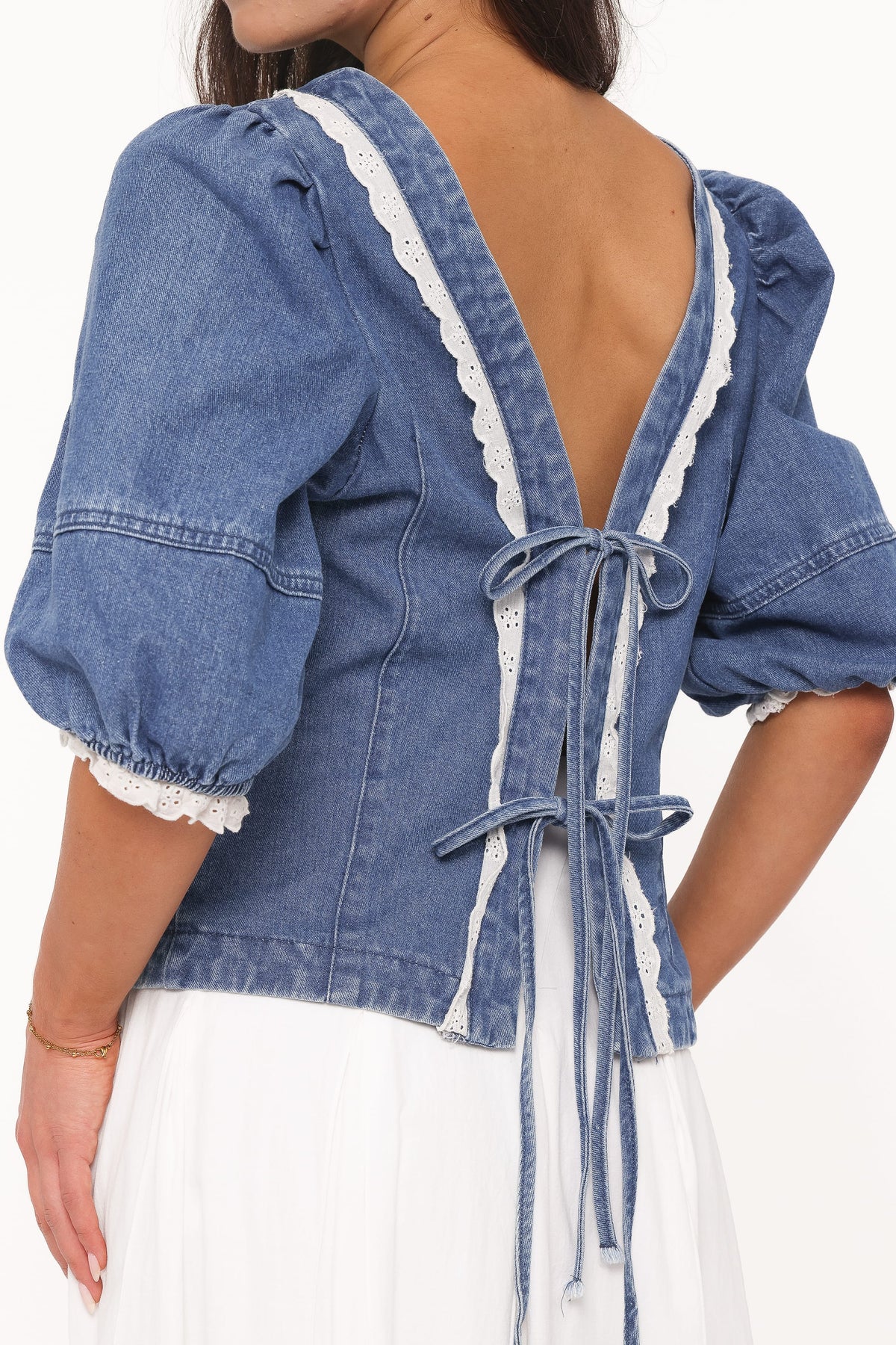 Merli Denim Open Back Top in Blue Medium Wash – view 7 of 8