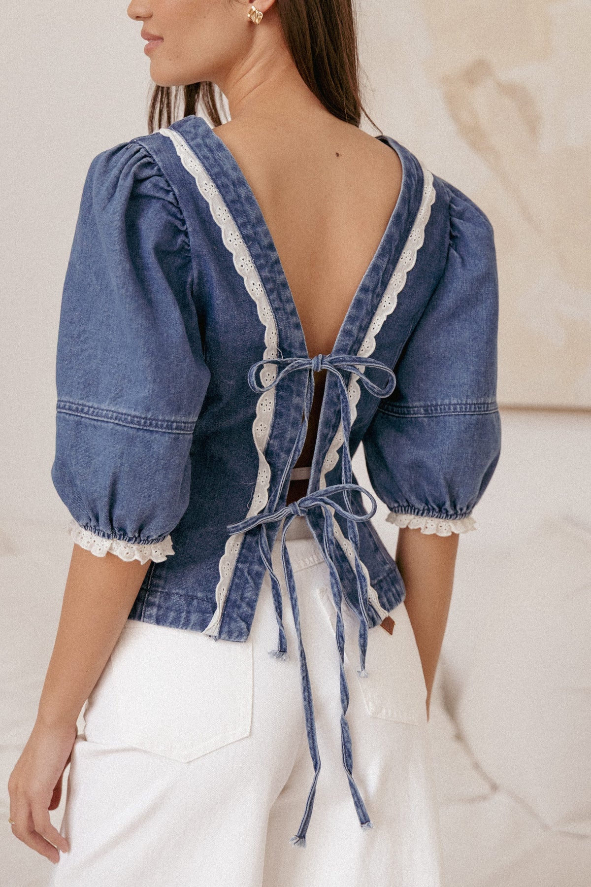 Merli Denim Open Back Top in Blue Medium Wash – view 1 of 8