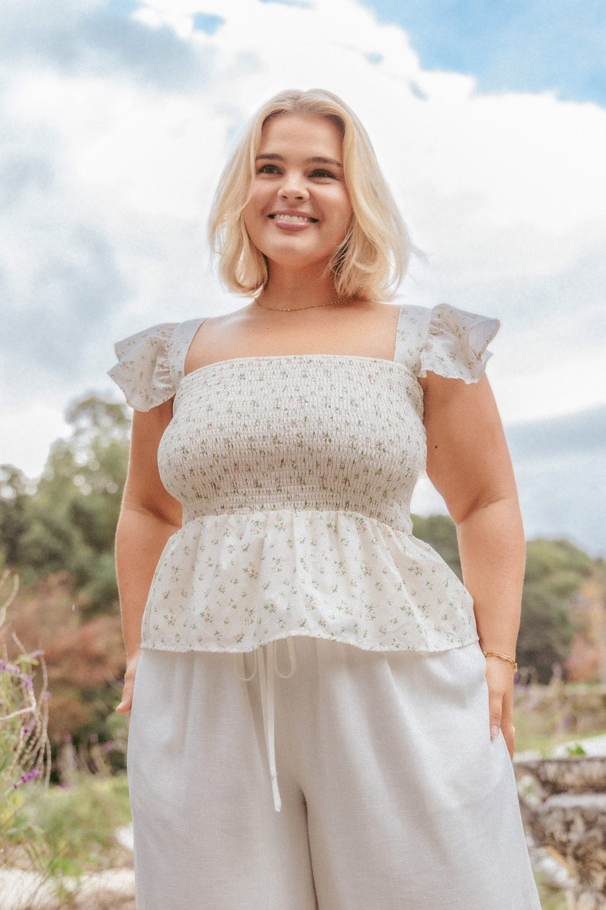 Remira Smocked Ruffle Top in White Betty – view 1 of 7