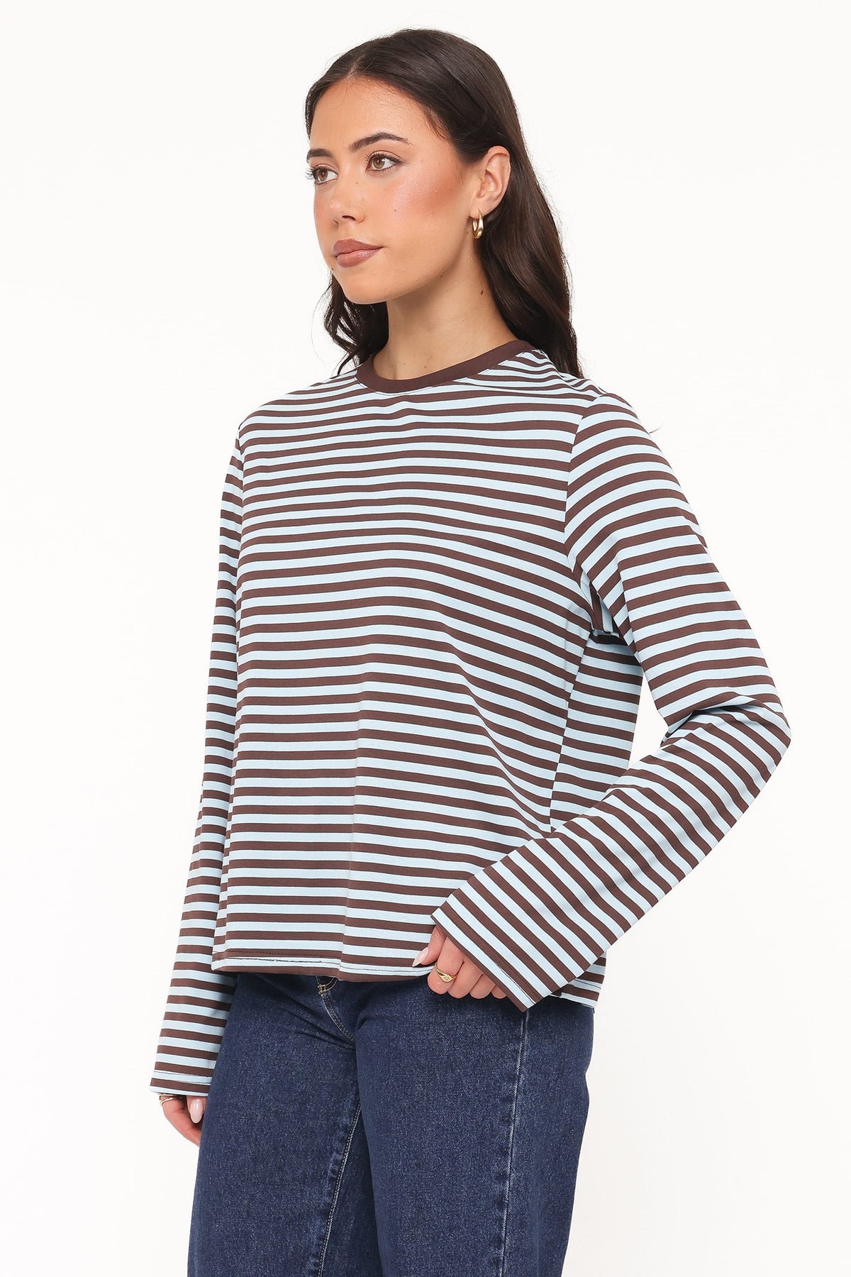 Ruva Long Sleeve Tee in Brown Blue Stripe – view 3 of 6