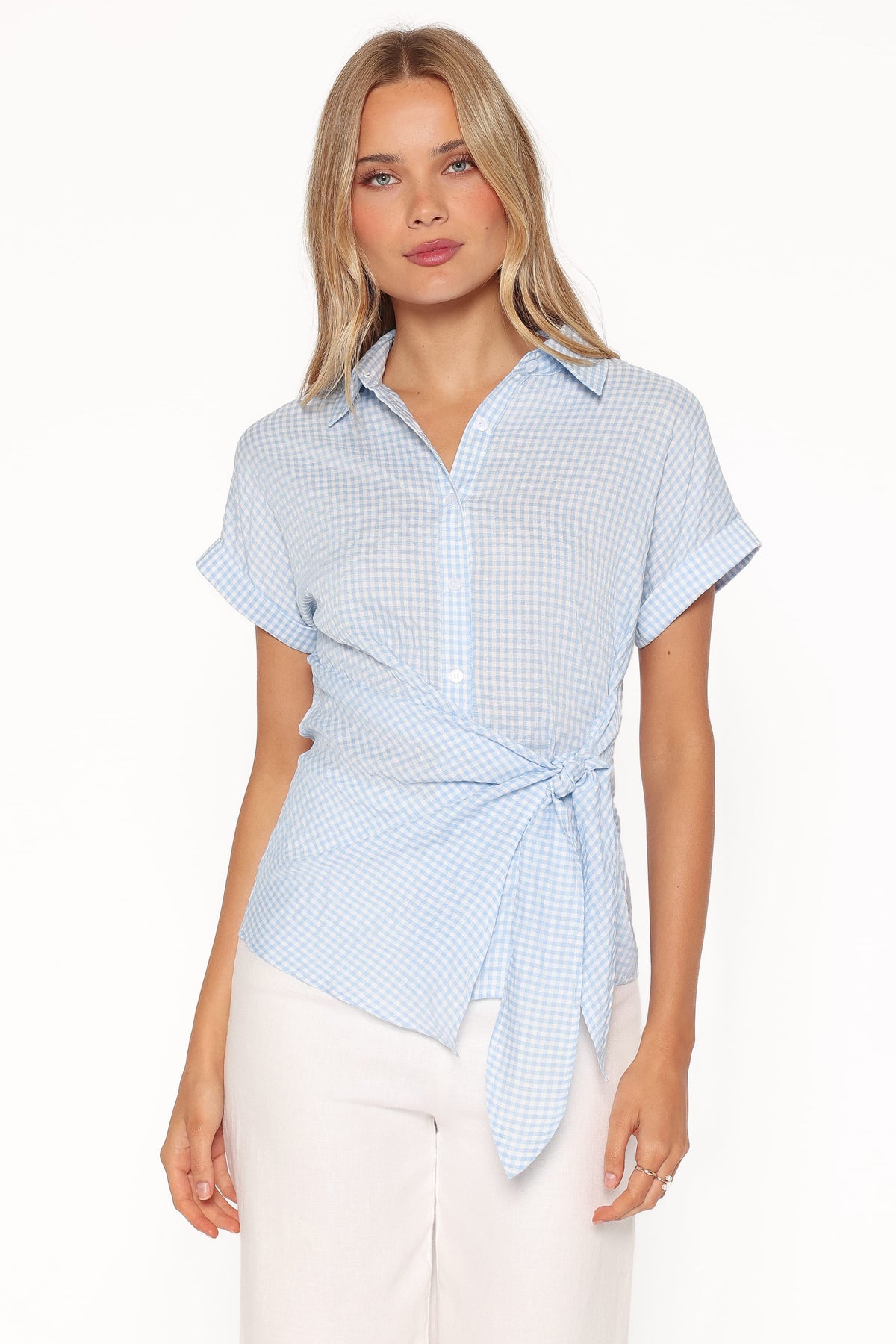 Shiloh Side Tie Shirt in Blue Gingham – view 2 of 8