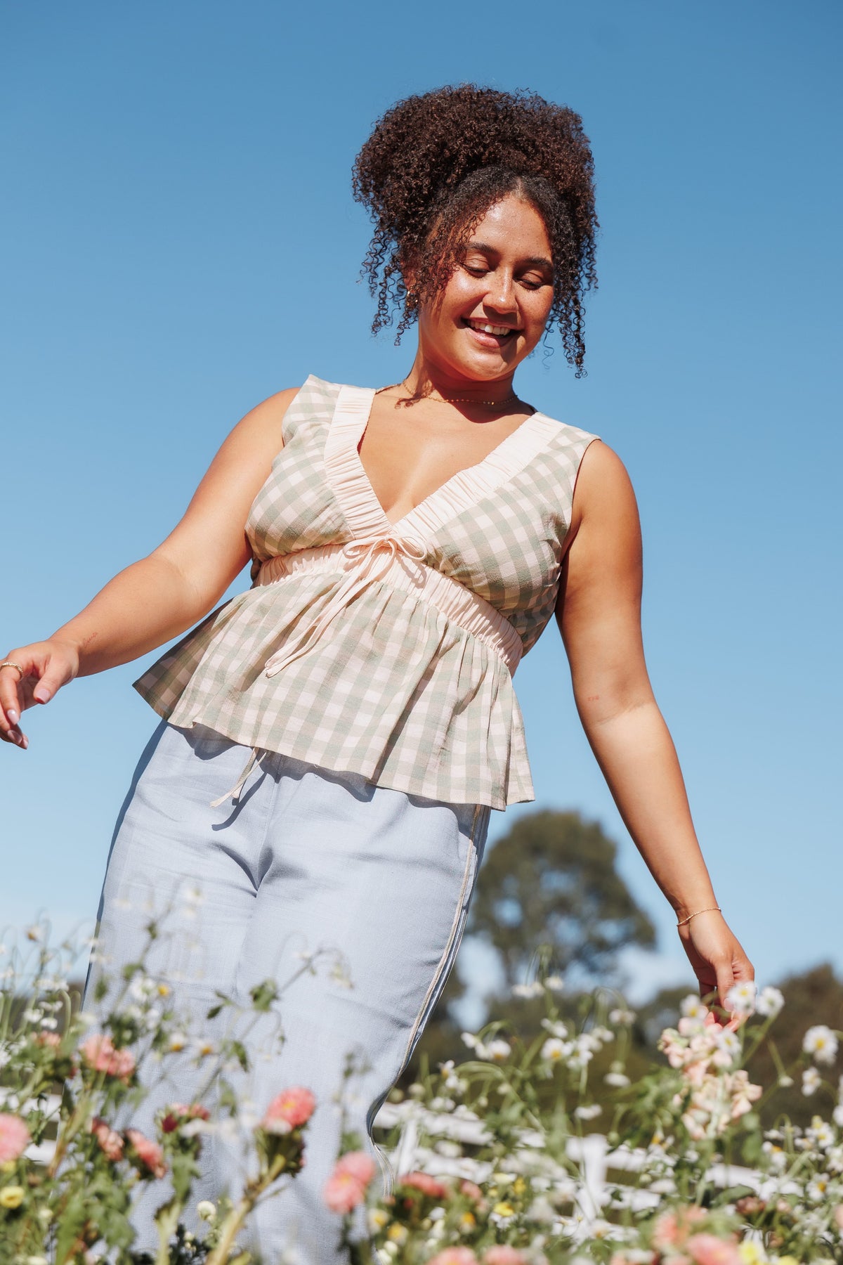 Solace Peplum Top in Green/Pink Gingham – view 8 of 8