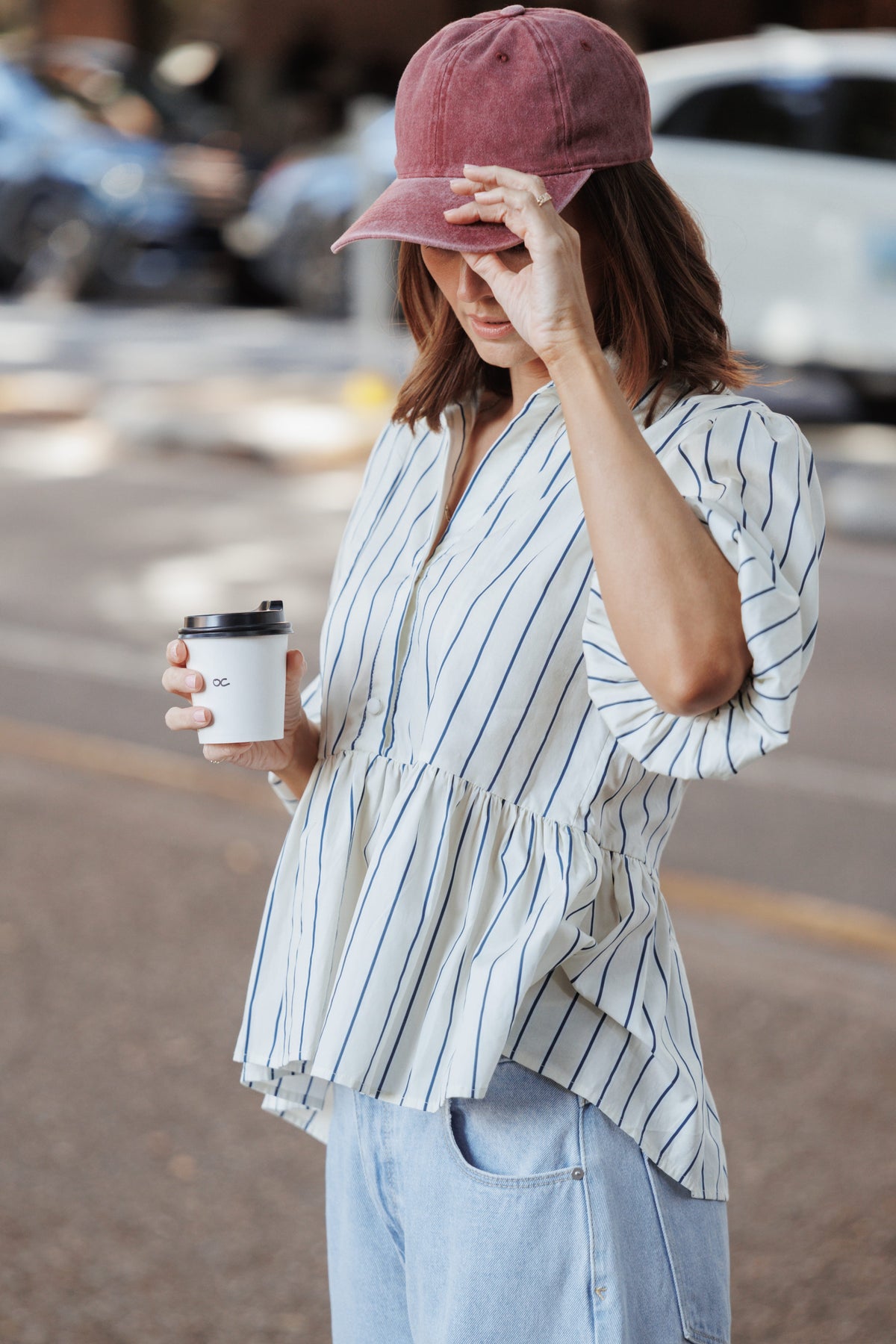 Thomas Short Sleeve Peplum Top in Yellow/Blue Stripe – view 7 of 7