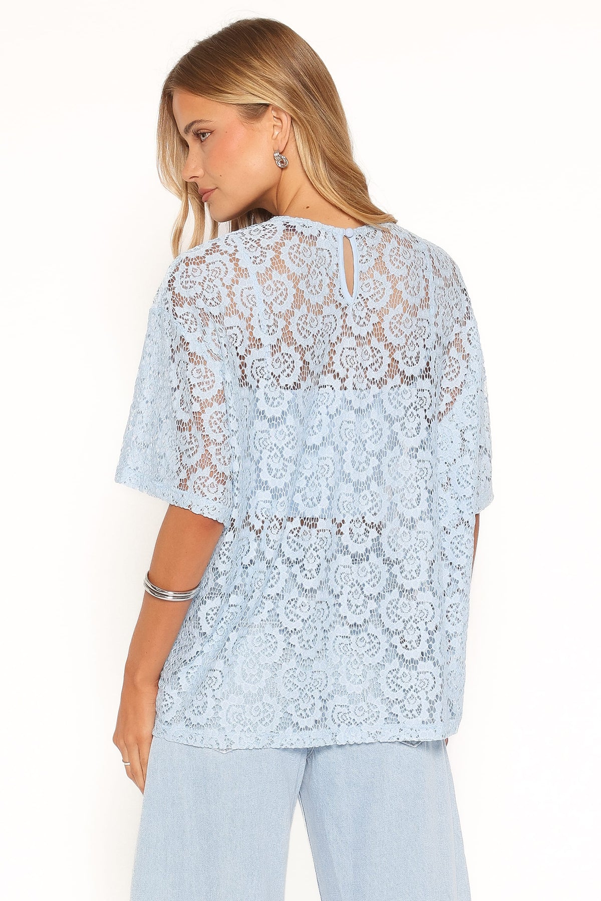 Tia Sheer Lace Tee Top in Light Blue – view 4 of 7