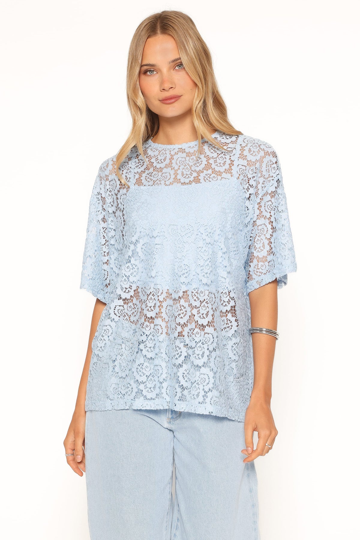 Tia Sheer Lace Tee Top in Light Blue – view 2 of 7
