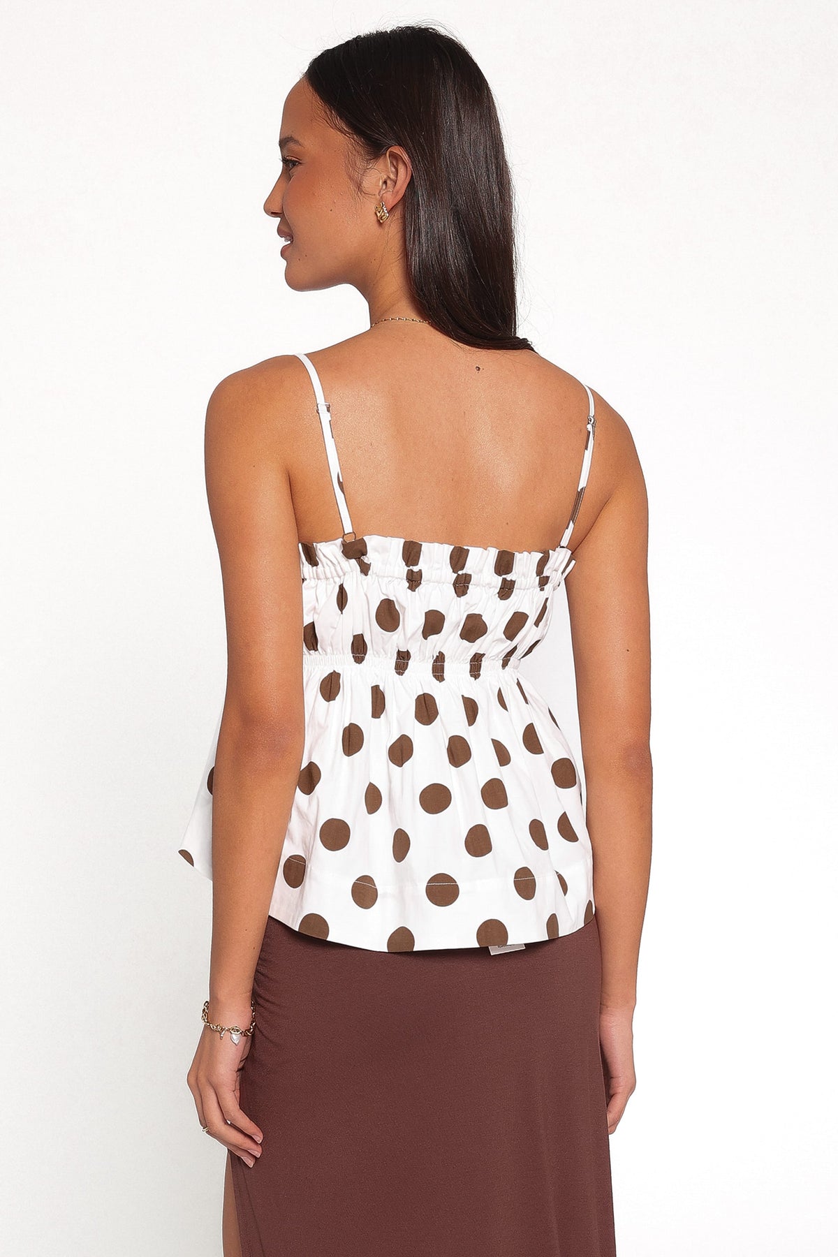 Yvaine Babydoll Top in Brown Polka Dot – view 5 of 7