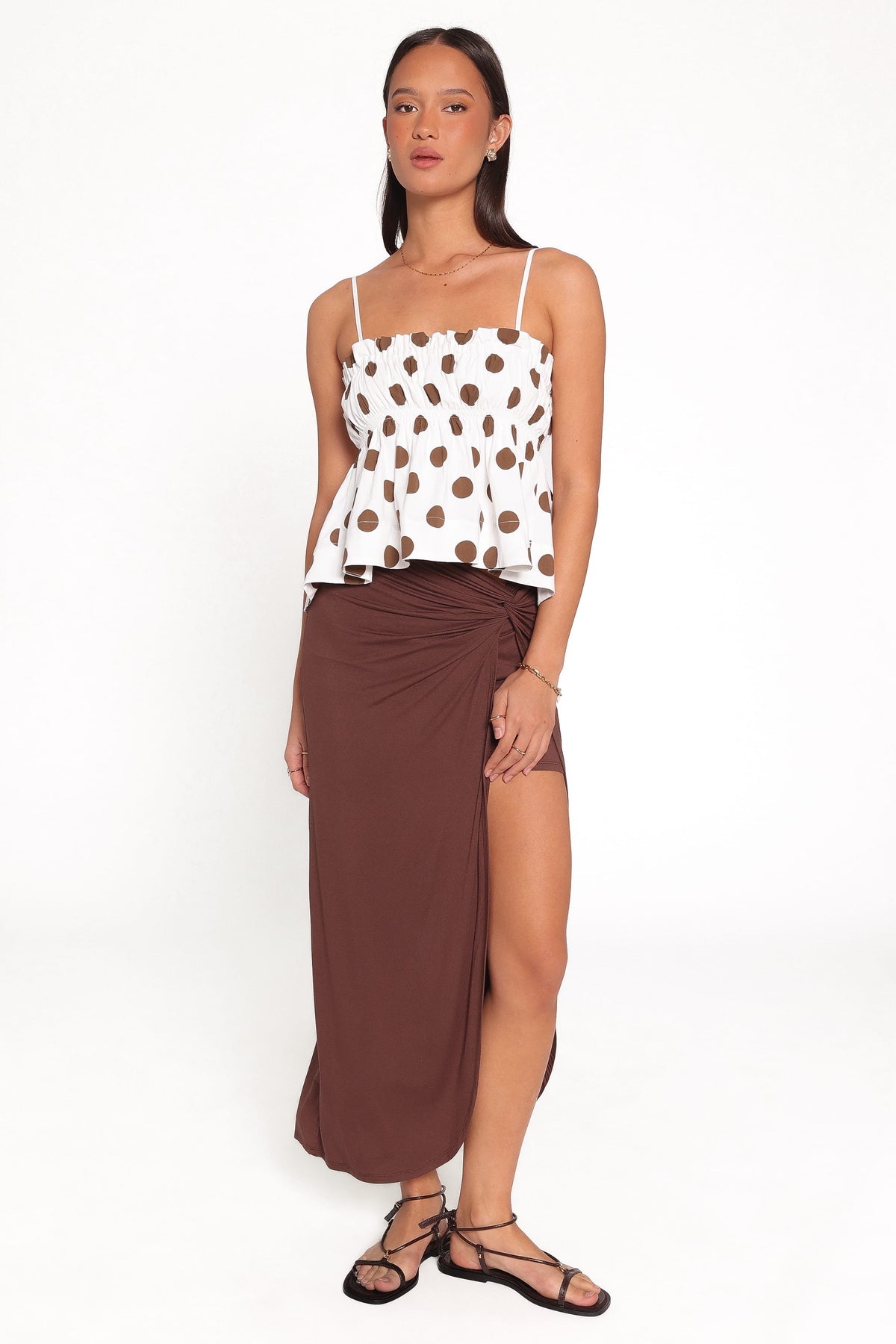 Yvaine Babydoll Top in Brown Polka Dot – view 3 of 7