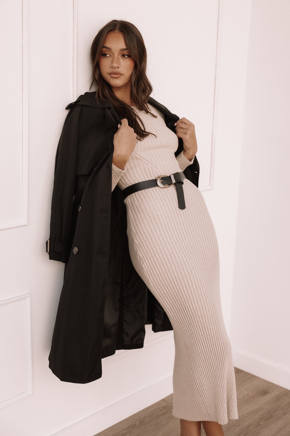 Ainsley Long Sleeve Midi Dress in Nude – view 2 of 9