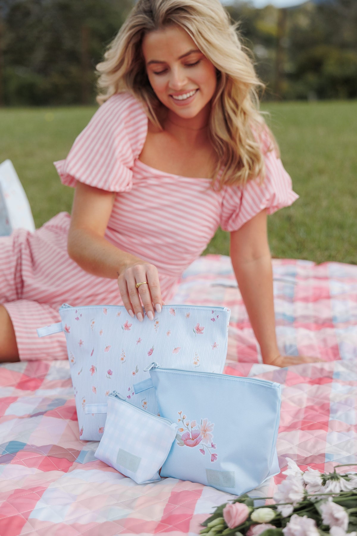Handy Pouch Trio in Blue Garden Stripe – view 1 of 8