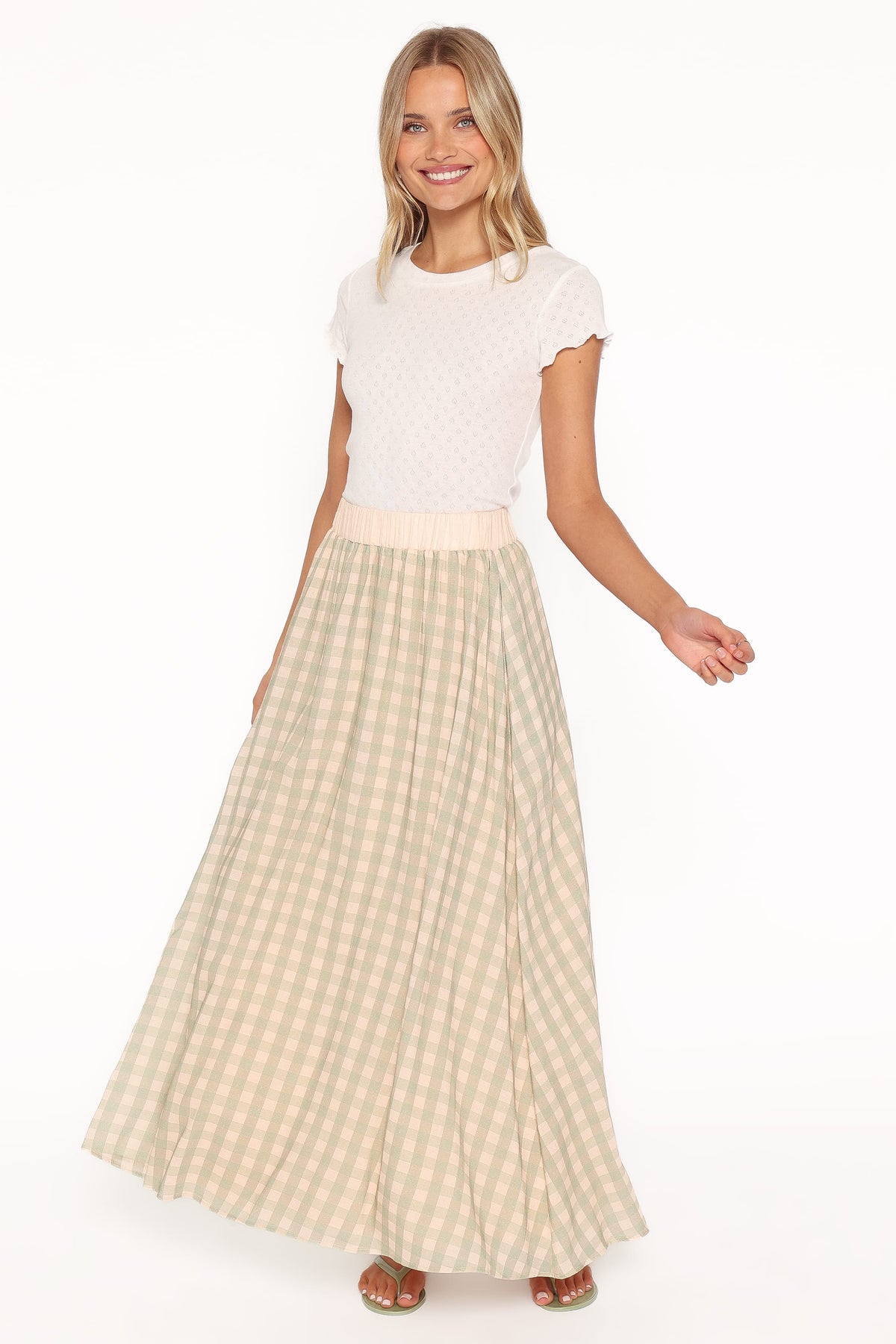Daroda Midi Circle Skirt in Green/Pink Gingham – view 2 of 7