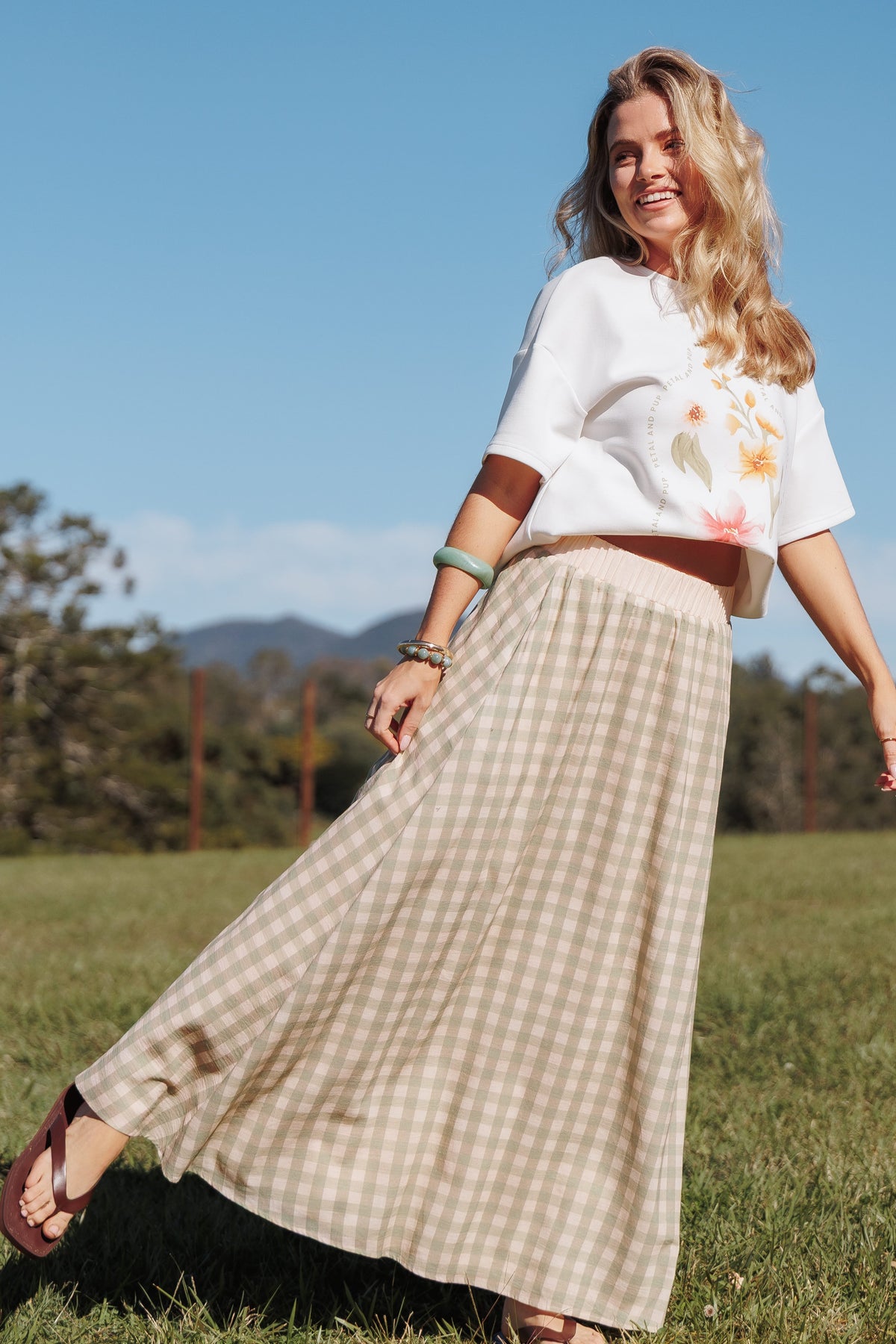 Daroda Midi Circle Skirt in Green/Pink Gingham – view 7 of 7