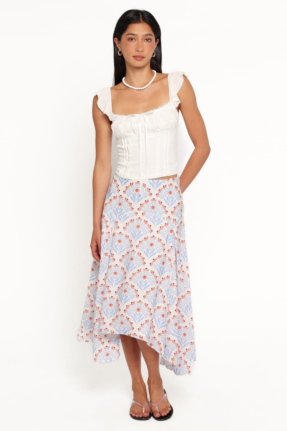 Dennie Hanky Hem Skirt in White Blue – view 1 of 6