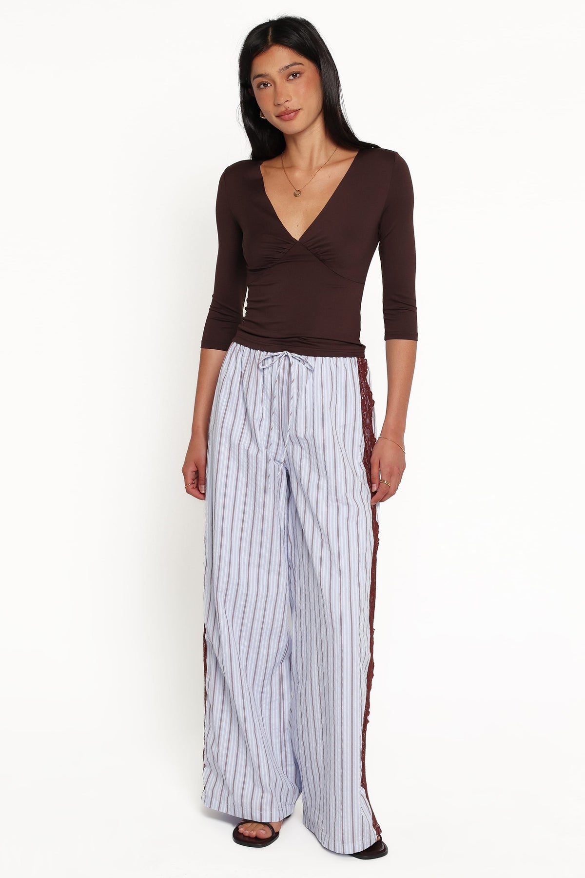 Ellina Lace Contrast Wide Leg Pant in Blue Stripe – view 2 of 5