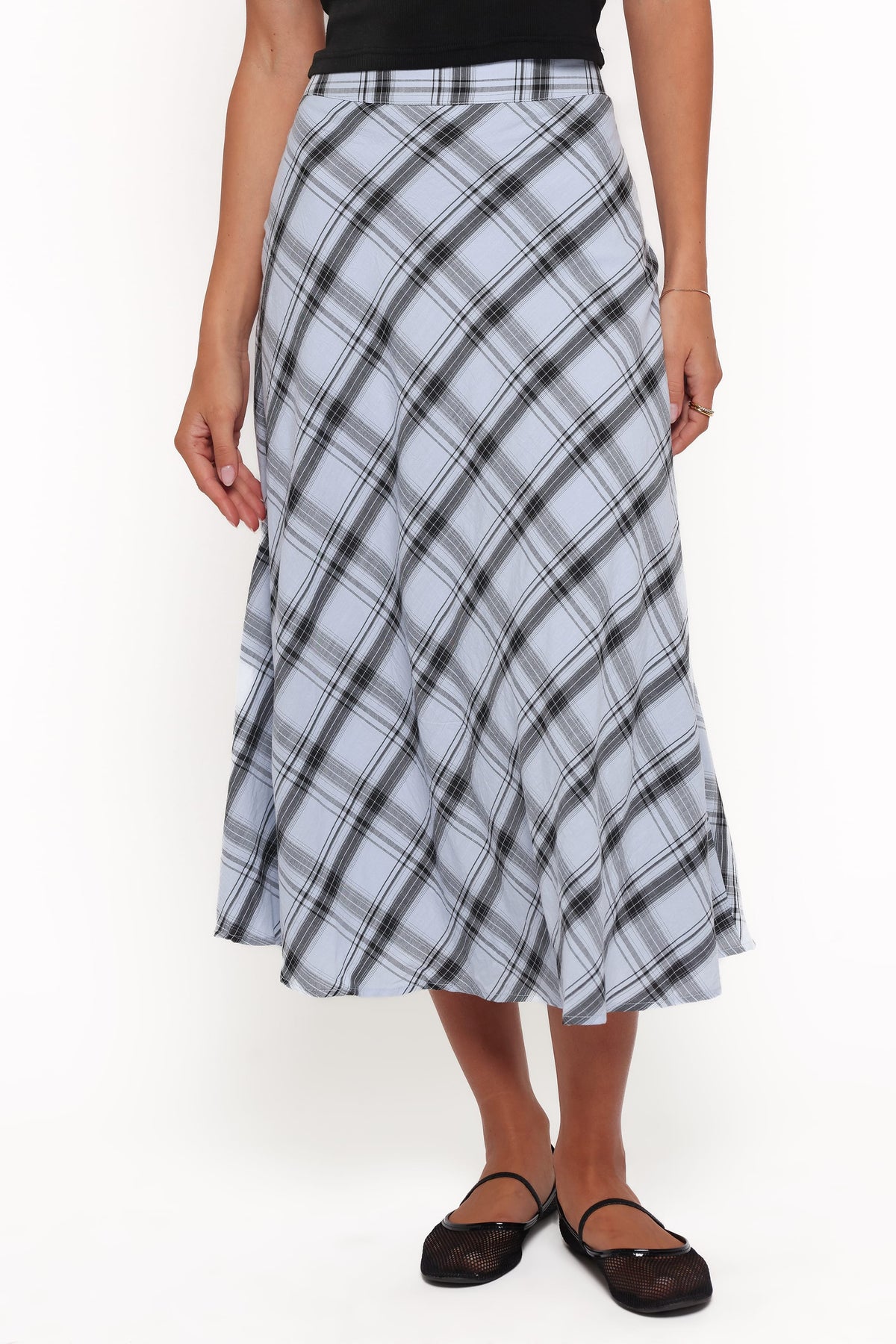 Piper Midi Skirt in Icy Bue Plaid – view 2 of 5