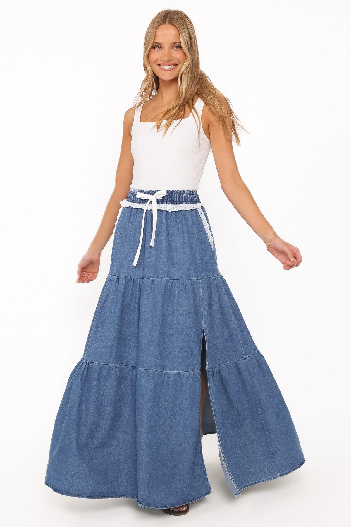 Scout Tiered Denim Maxi Skirt in Medium Wash – view 1 of 6