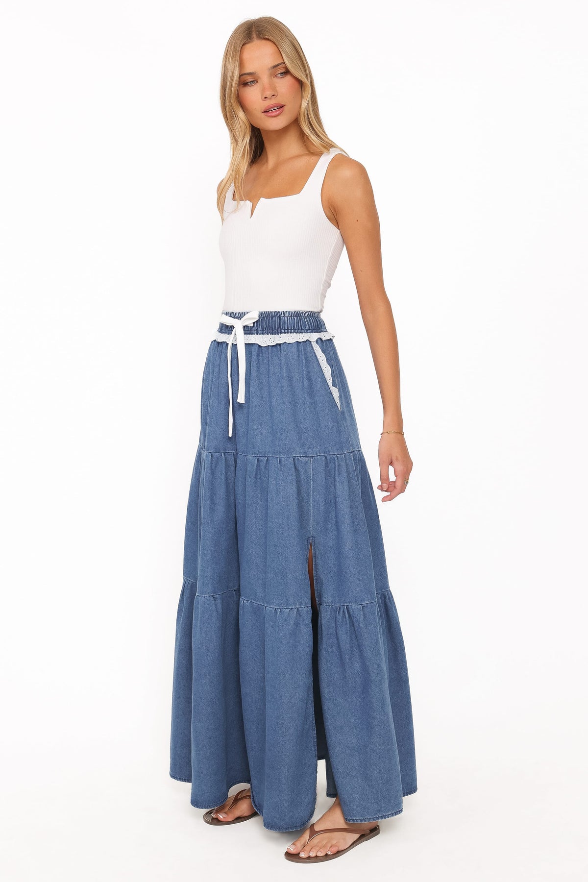 Scout Tiered Denim Maxi Skirt in Medium Wash – view 3 of 6