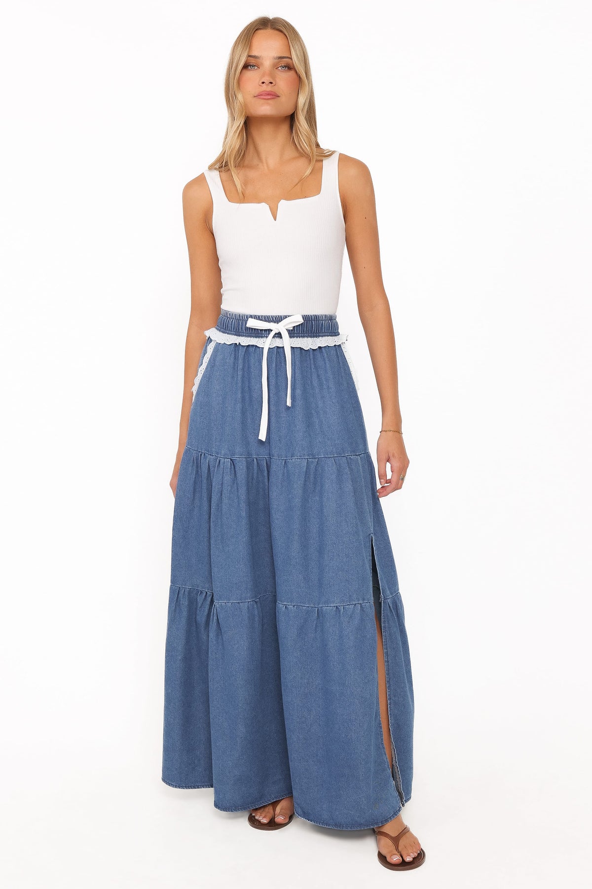 Scout Tiered Denim Maxi Skirt in Medium Wash – view 5 of 6