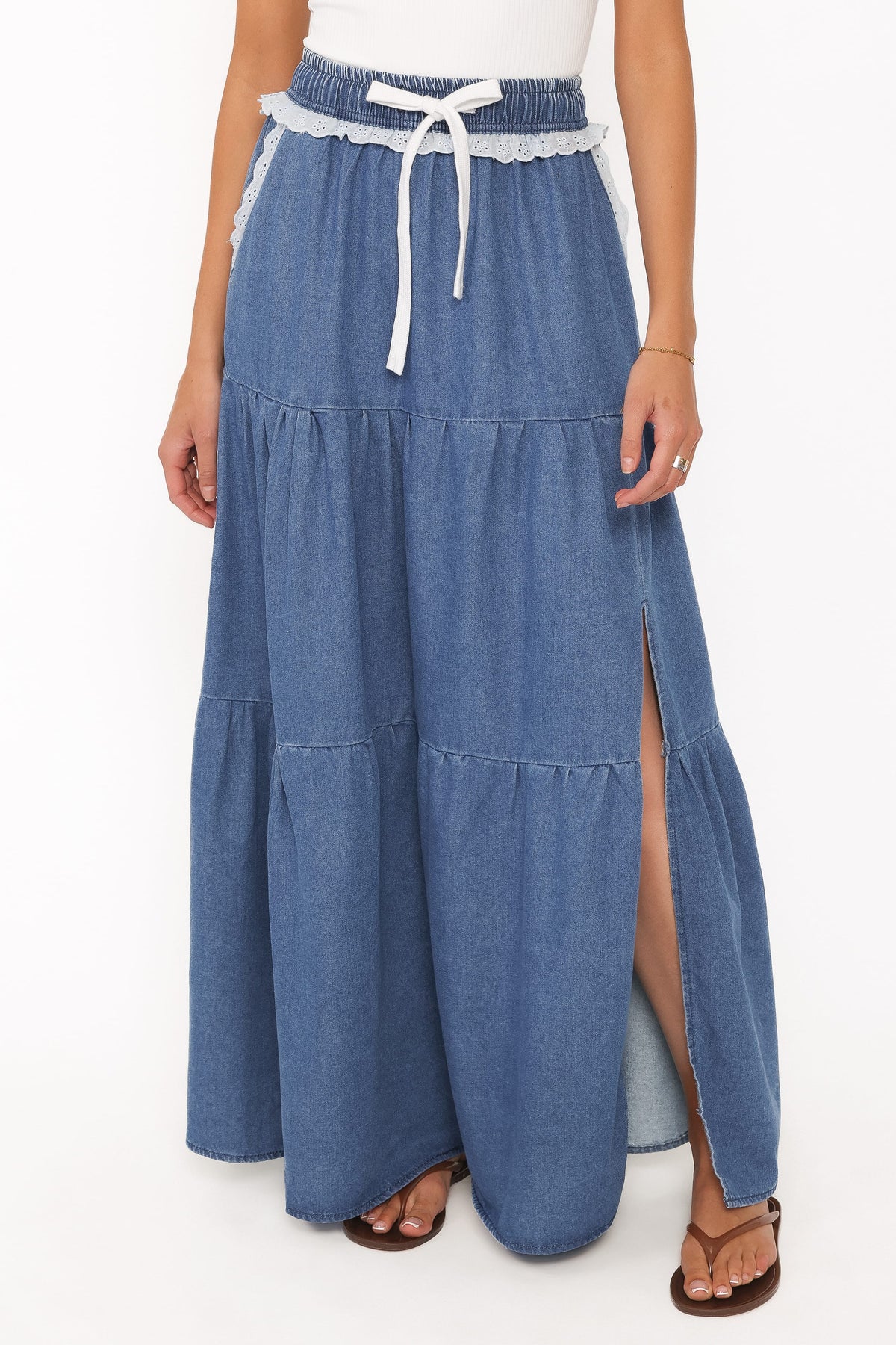 Scout Tiered Denim Maxi Skirt in Medium Wash – view 2 of 6