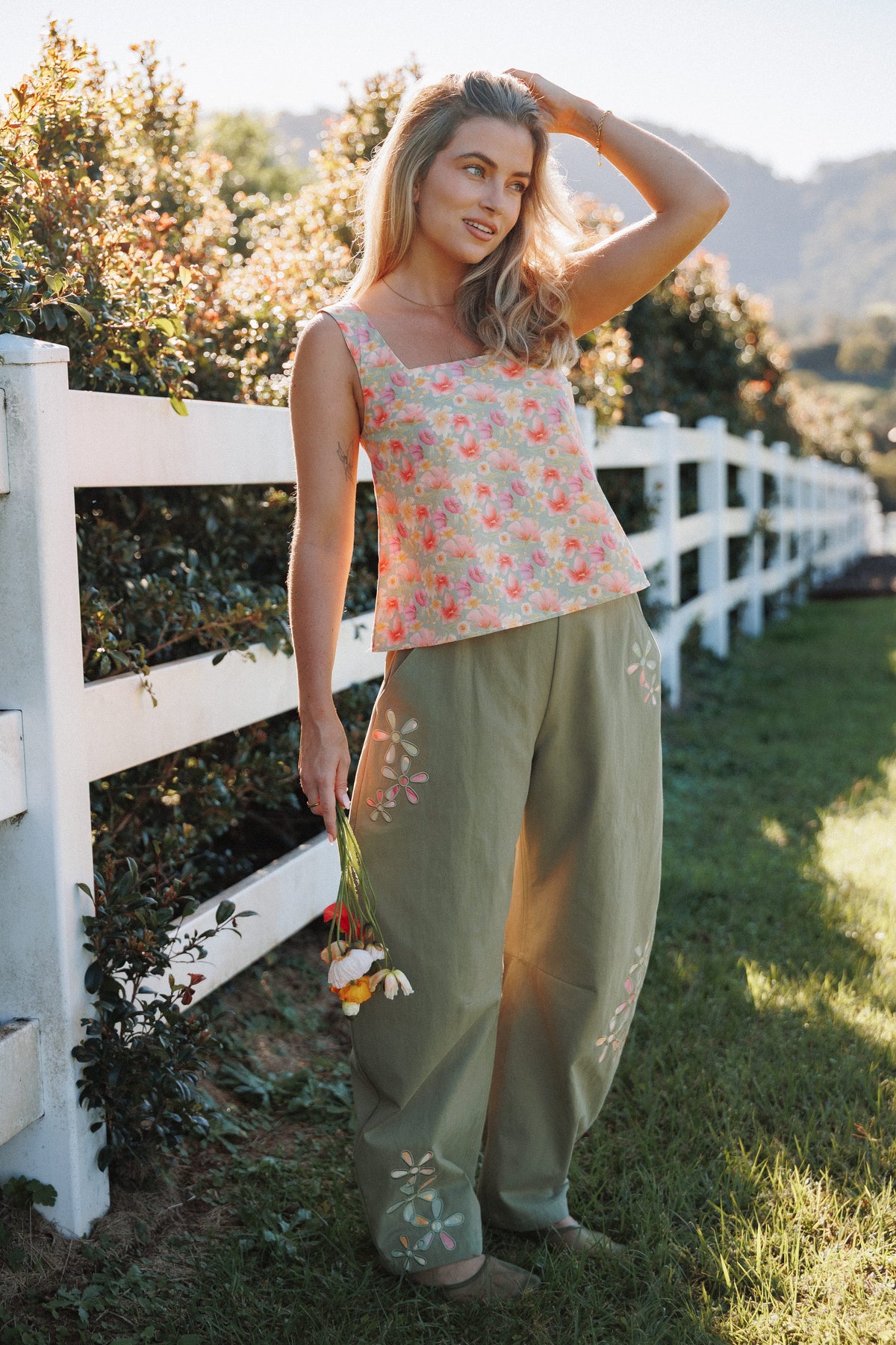 Telena Barrel Leg Pants in Olive Green Patchwork – view 1 of 8