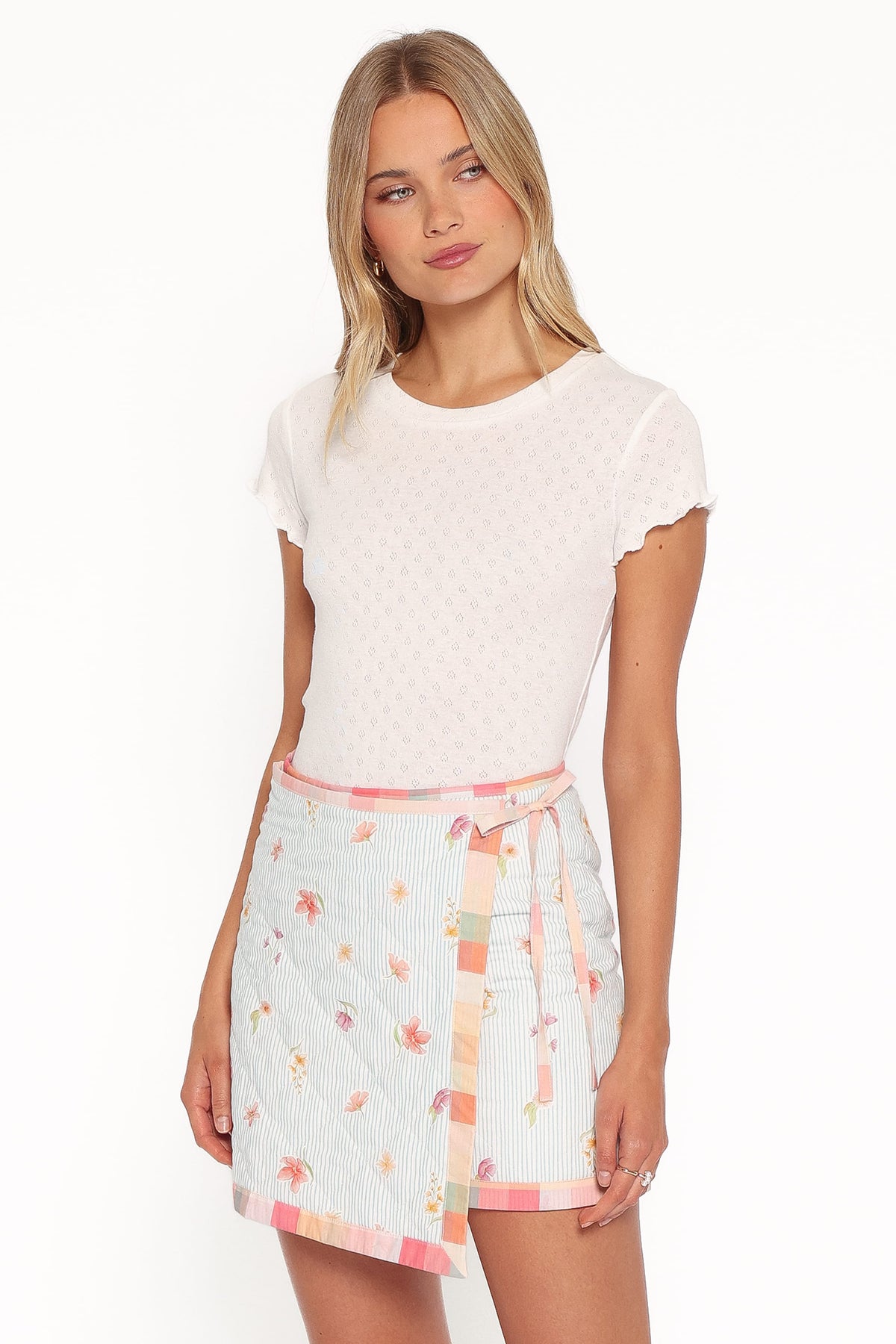 Yana Faux Wrap Quilted Mini Skirt in Blue Garden Stripe – view 4 of 8