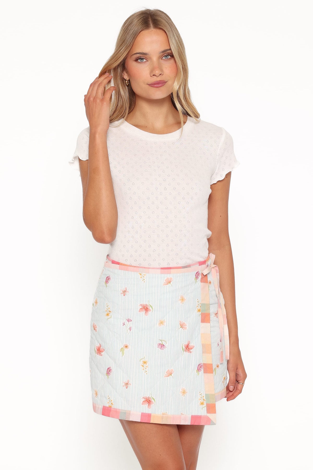 Yana Faux Wrap Quilted Mini Skirt in Blue Garden Stripe – view 2 of 8