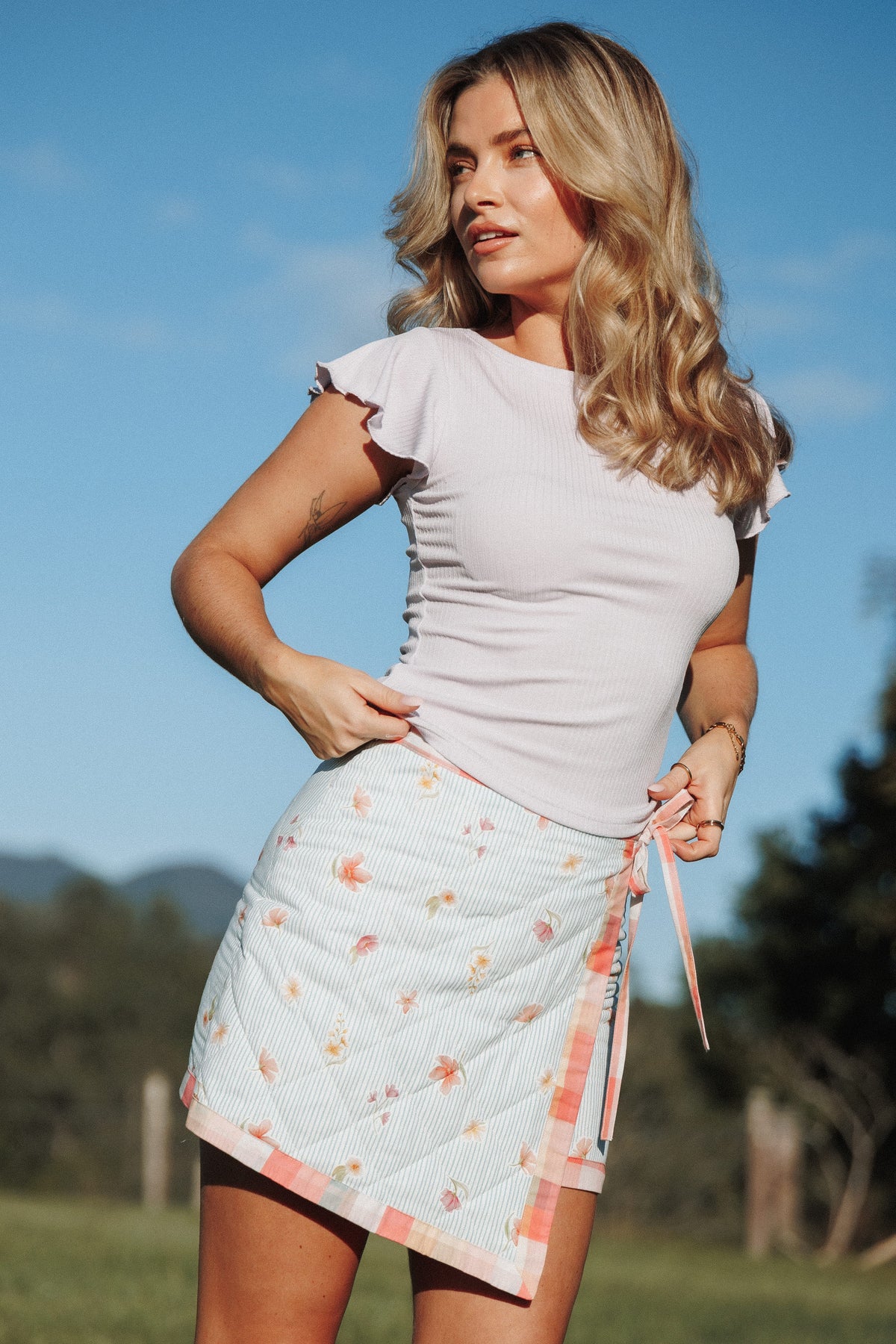 Yana Faux Wrap Quilted Mini Skirt in Blue Garden Stripe – view 8 of 8