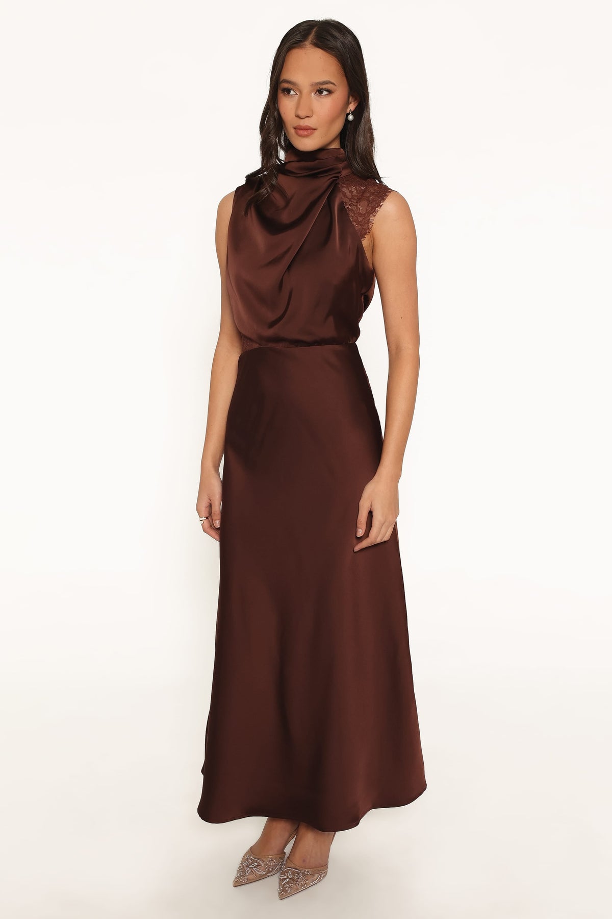 Anabelle Halter Neck Lace Maxi Dress in Chocolate Brown – view 4 of 7